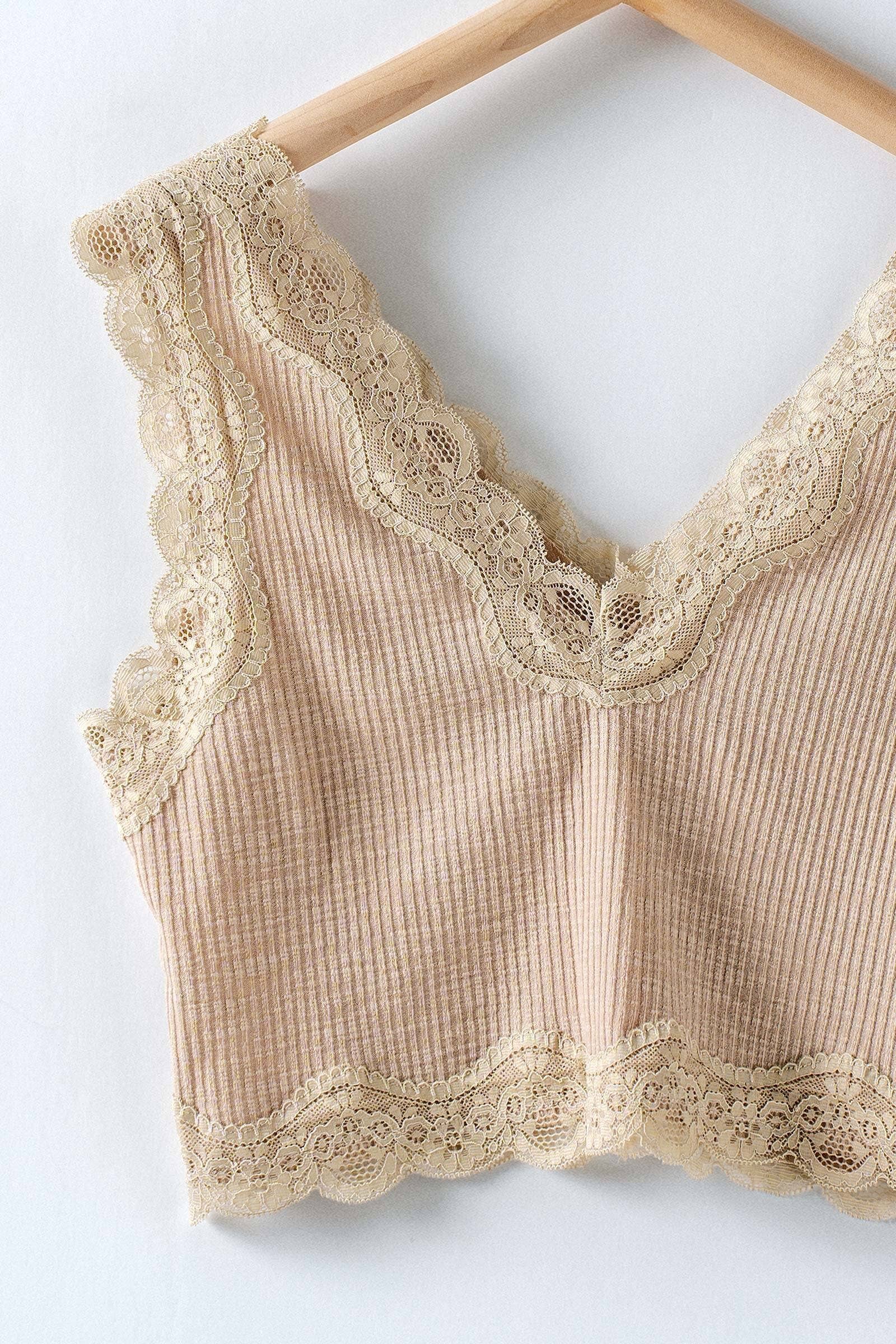 Urban Daizy Lace Trim Ribbed Knit V-Neck Crop Top Khaki Tank Top - Women's (UDZ-TP-01046) – alternate view 3