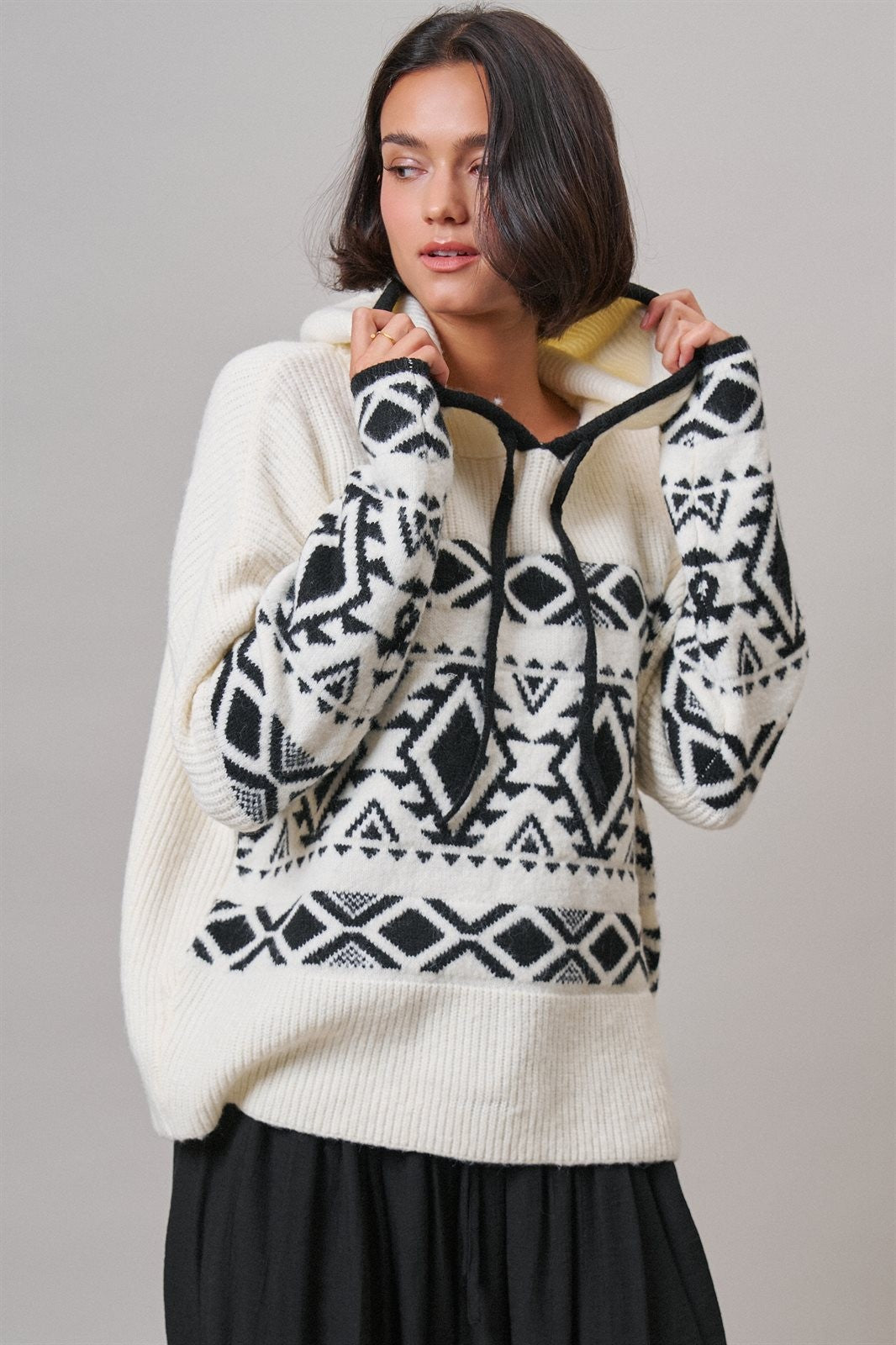 Nordic Fair Isle Hooded Sweater Wool Blend in IVORY BLACK - Women's Sweaters | Urban Daizy