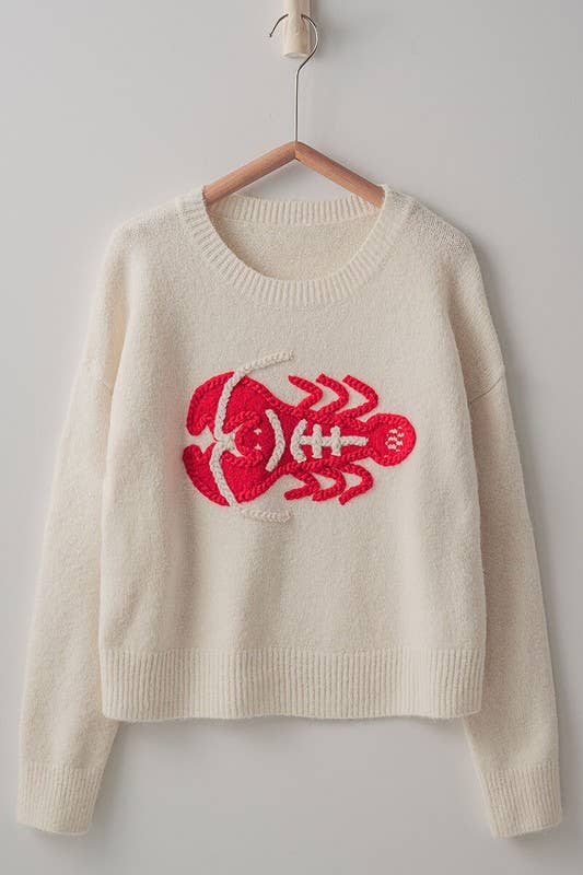 Urban Daizy Embroidered Red Lobster Nautical Statement Sweater Ivory Knit Sweater - Women's (UDZ-KN-00600)