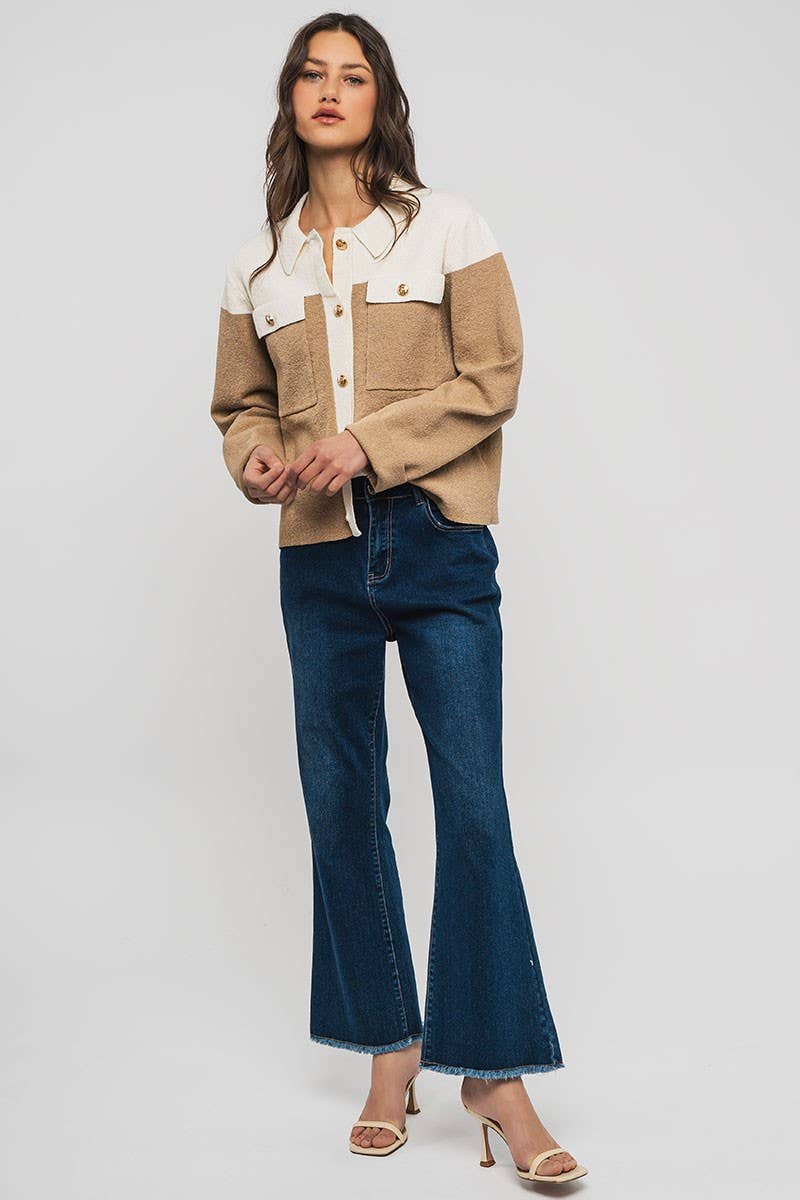 Urban Daizy Colorblock Button-Up Cropped Coat Cream-Black Coat - Women's (UDZ-OT-00349) – alternate view 6