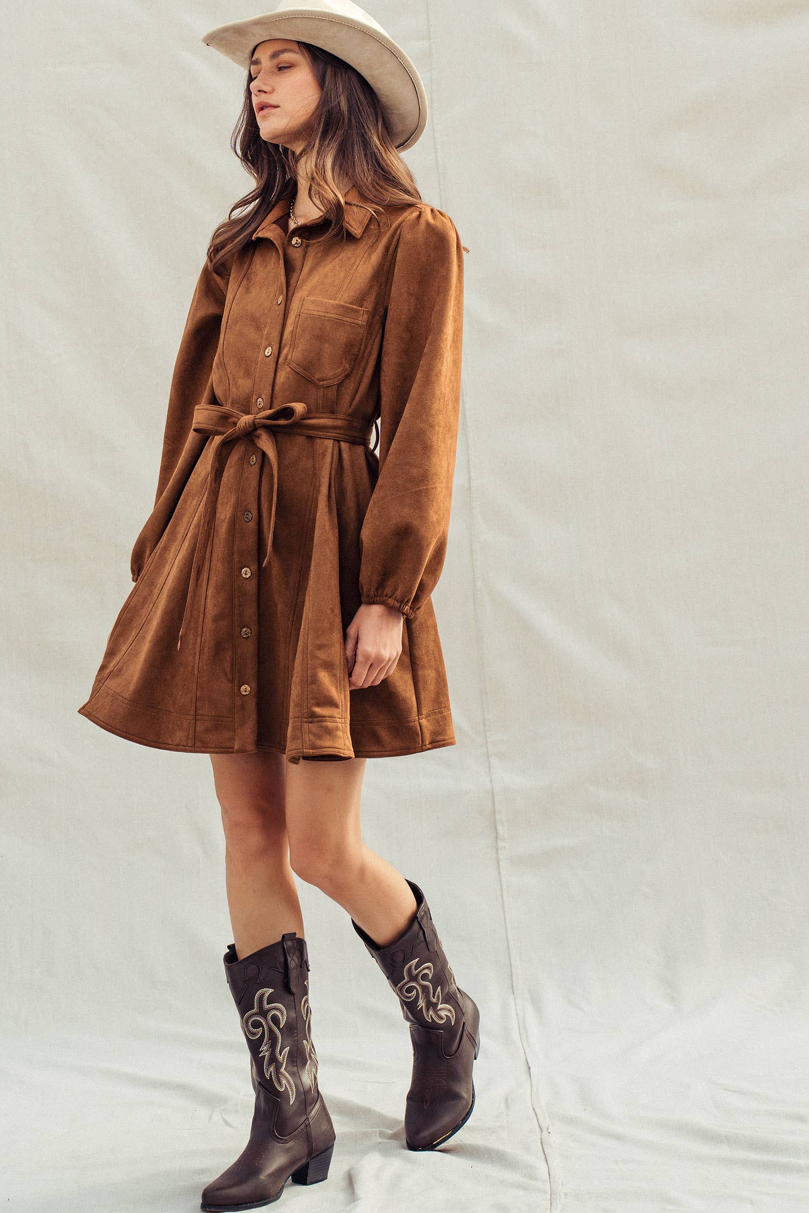 Western Suede Shirt Mini Dress–Belted Waist, Puff Sleeves