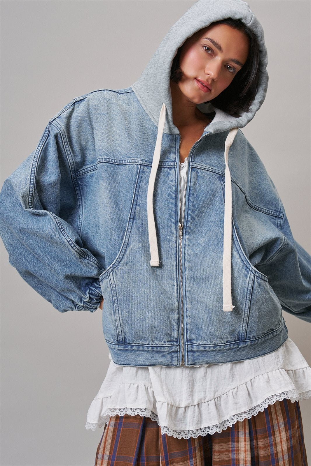 Hooded Denim Zip Up Jacket with French Terry Hood in DENIM - Women's Jackets & Blazers | Urban Daizy