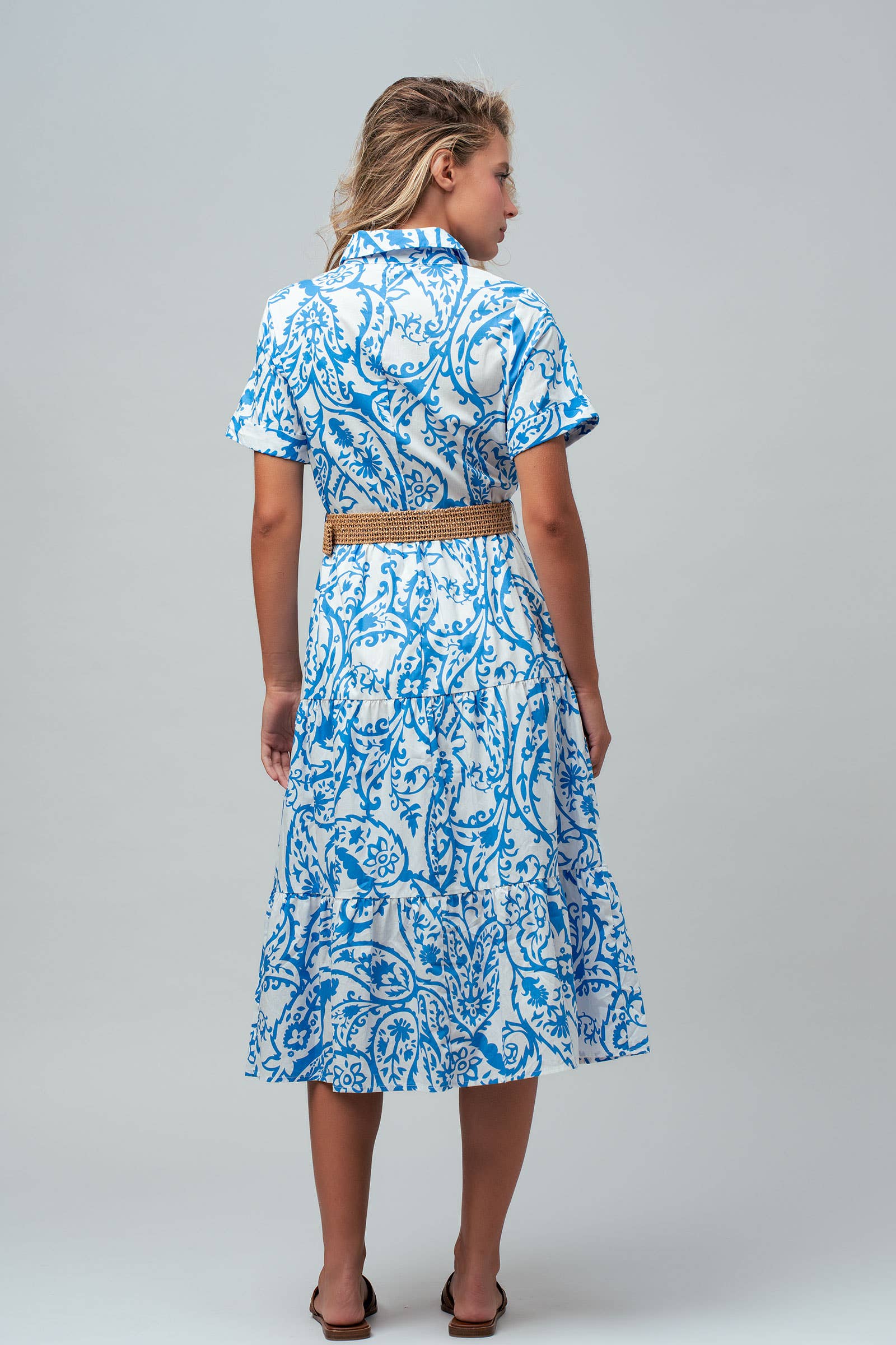 Paisley Cotton Belted Tiered Midi Shirt Dress