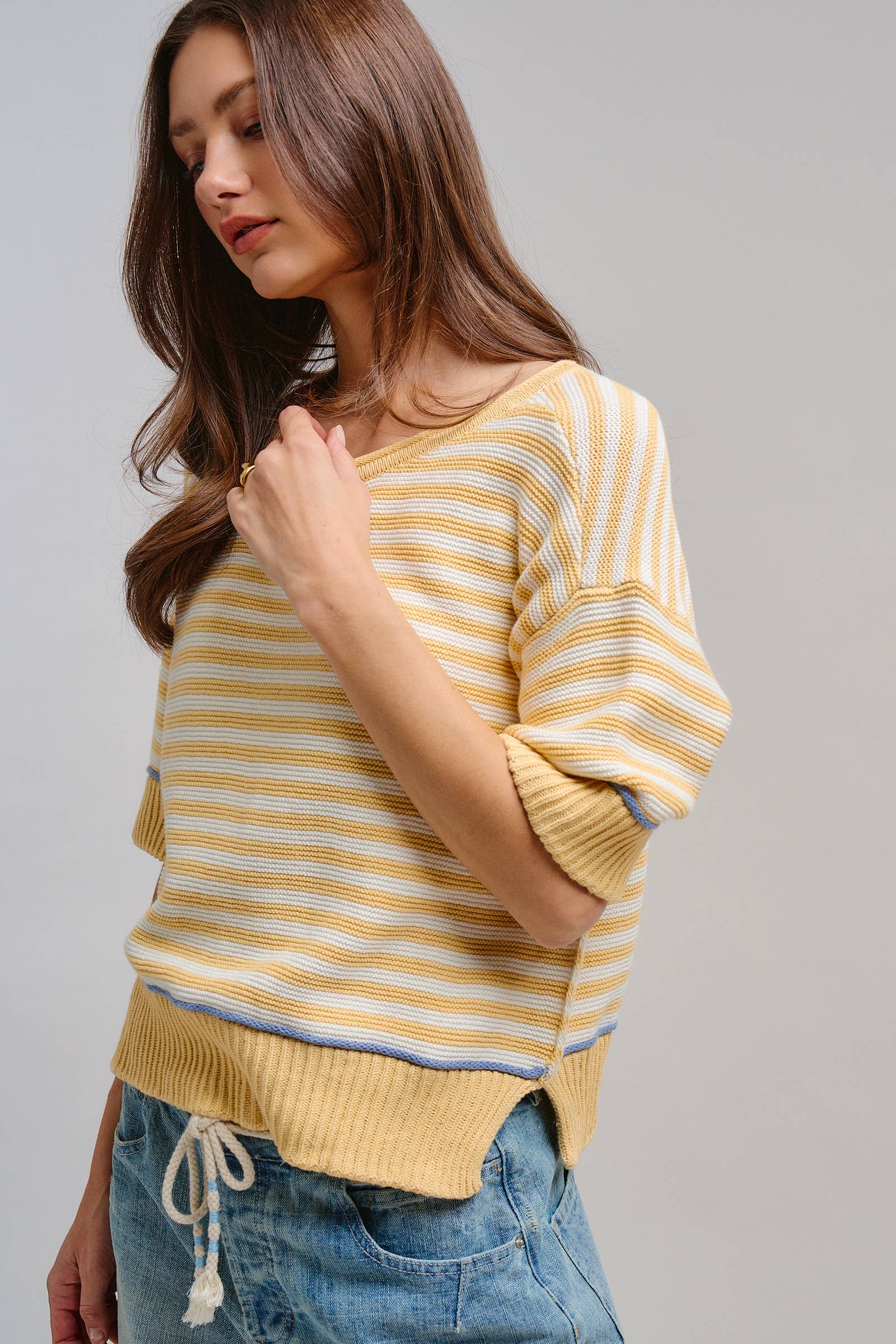 Yellow Striped Contrast Trim Sweater Tee