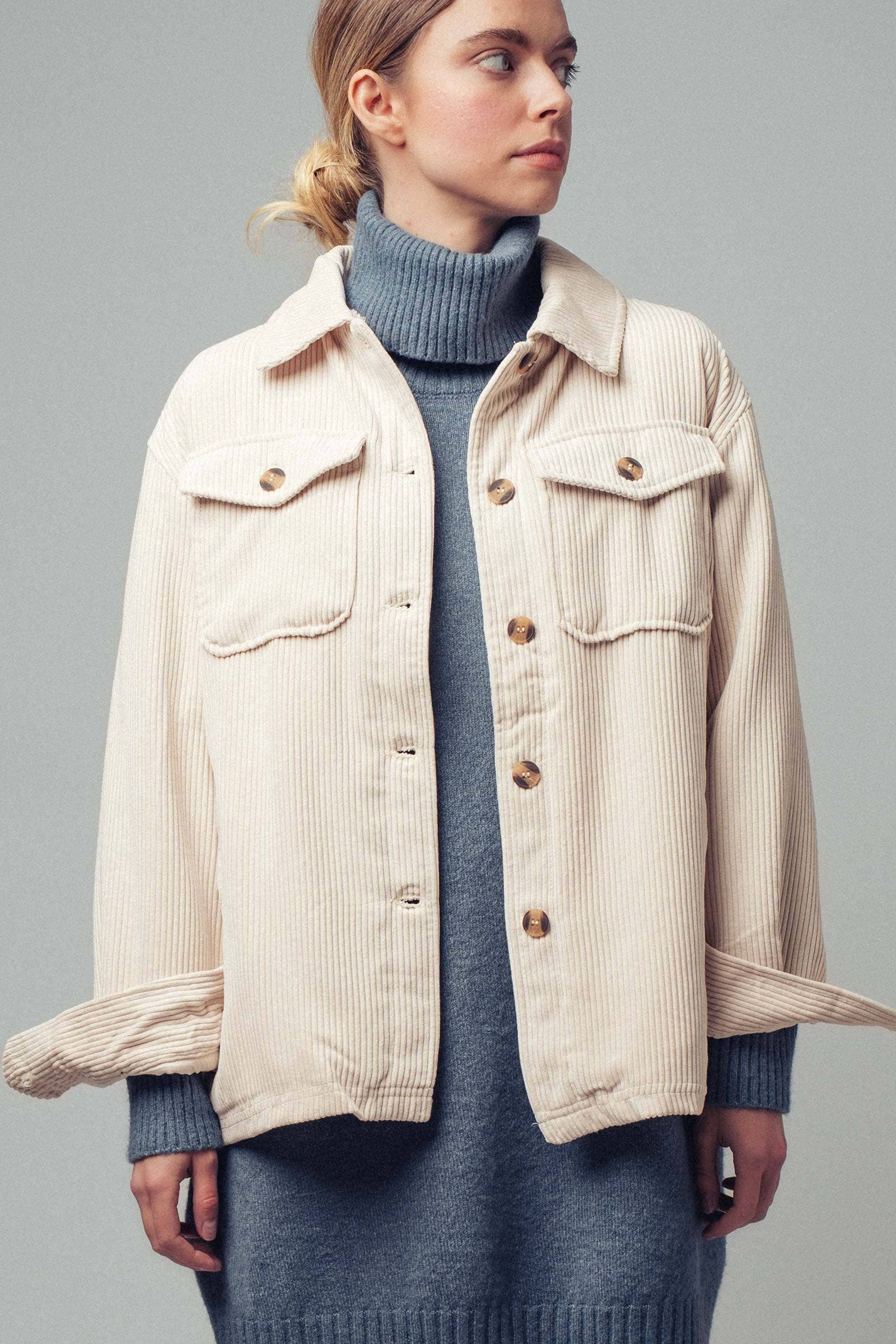 Urban Daizy Oversized Sherpa Lined Corduroy Shacket Beige Shirt Jacket Shacket - Women's (UDZ-OT-00163) – alternate view 3