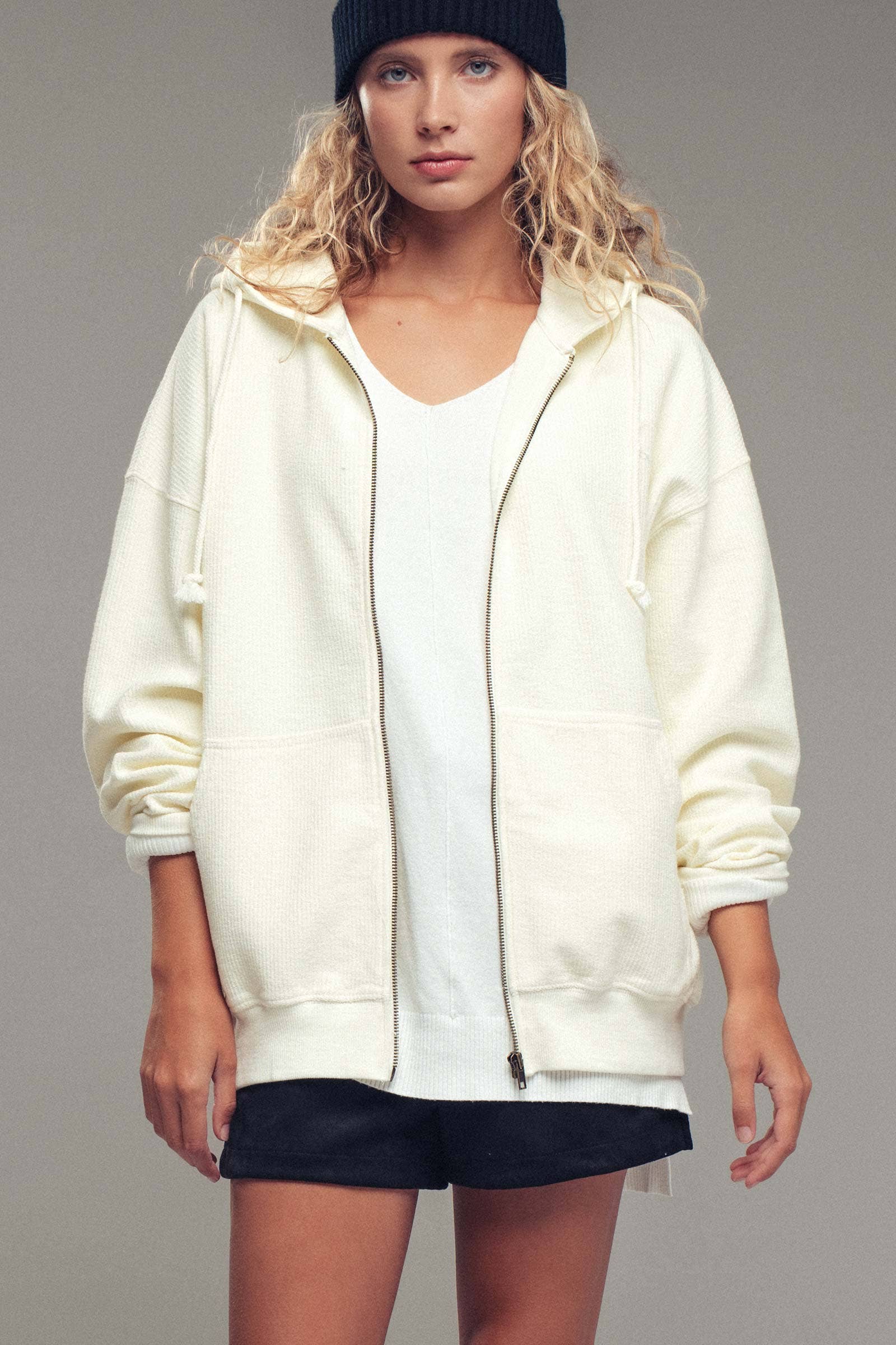 Urban Daizy Oversized Ribbed Dolman Sleeve Hoodie Cream Hoodie - Women's (UDZ-KN-00313) – alternate view 2