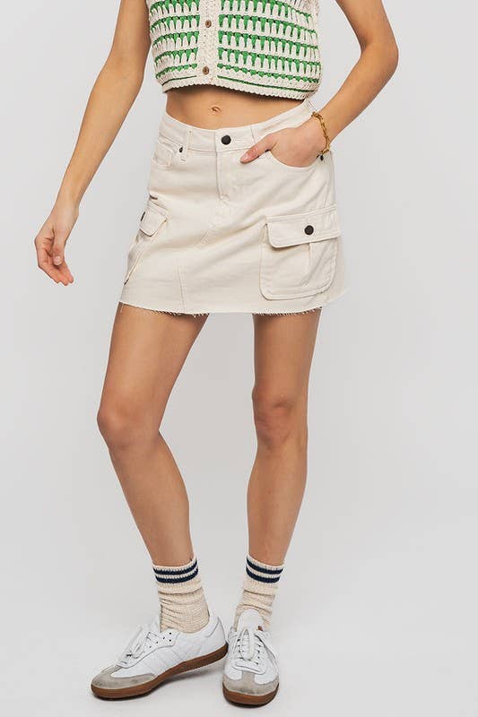 High Rise Raw Hem Utility Pocket Mini Cargo Skirt
