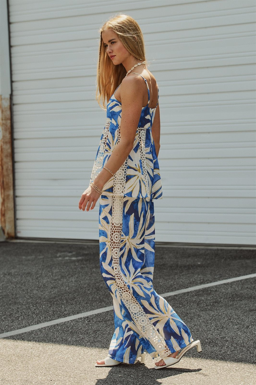 Satin Wide-Leg Pants Set with Crop Top in BLUE IVORY - Women's Pants Sets | Urban Daizy