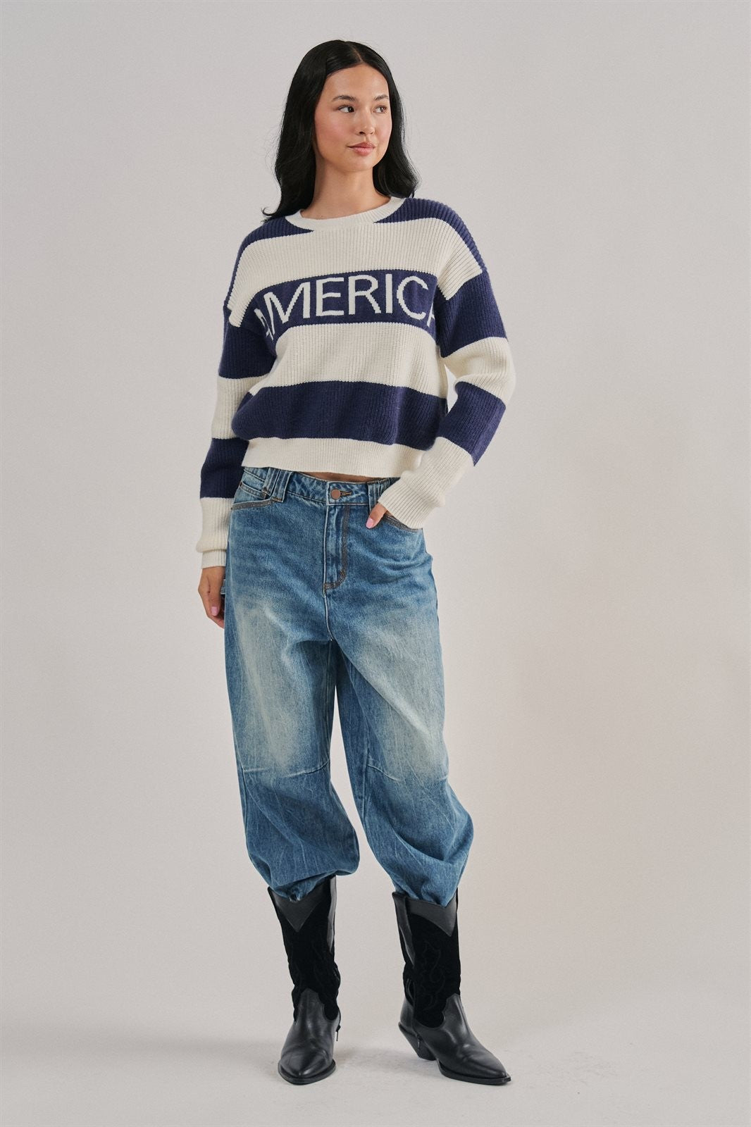 Nantucket America Stripe Crewneck Sweater in IVORY NAVY - Women's Sweaters | Urban Daizy