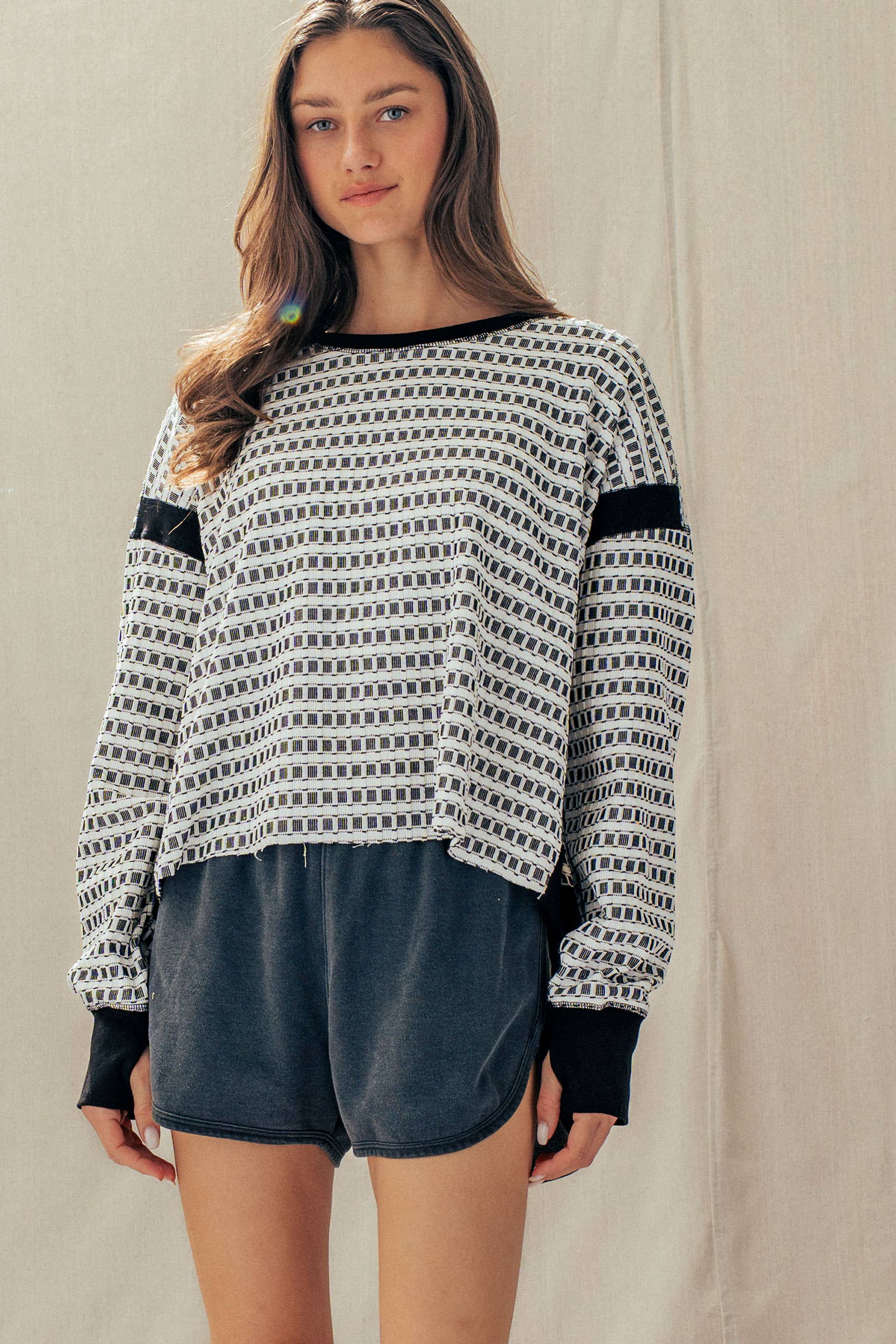 Reversible Textured Check Long Sleeve Pullover