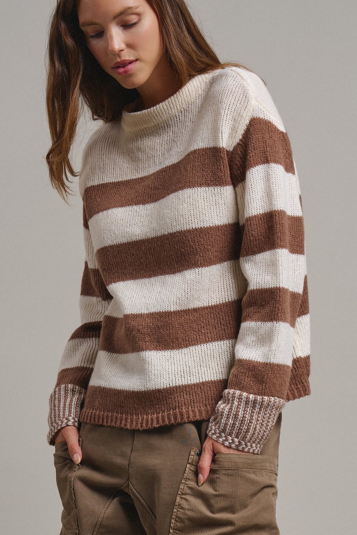 Striped Oversized Chunky Knit Sweater in BROWN - Women's Sweaters | Urban Daizy