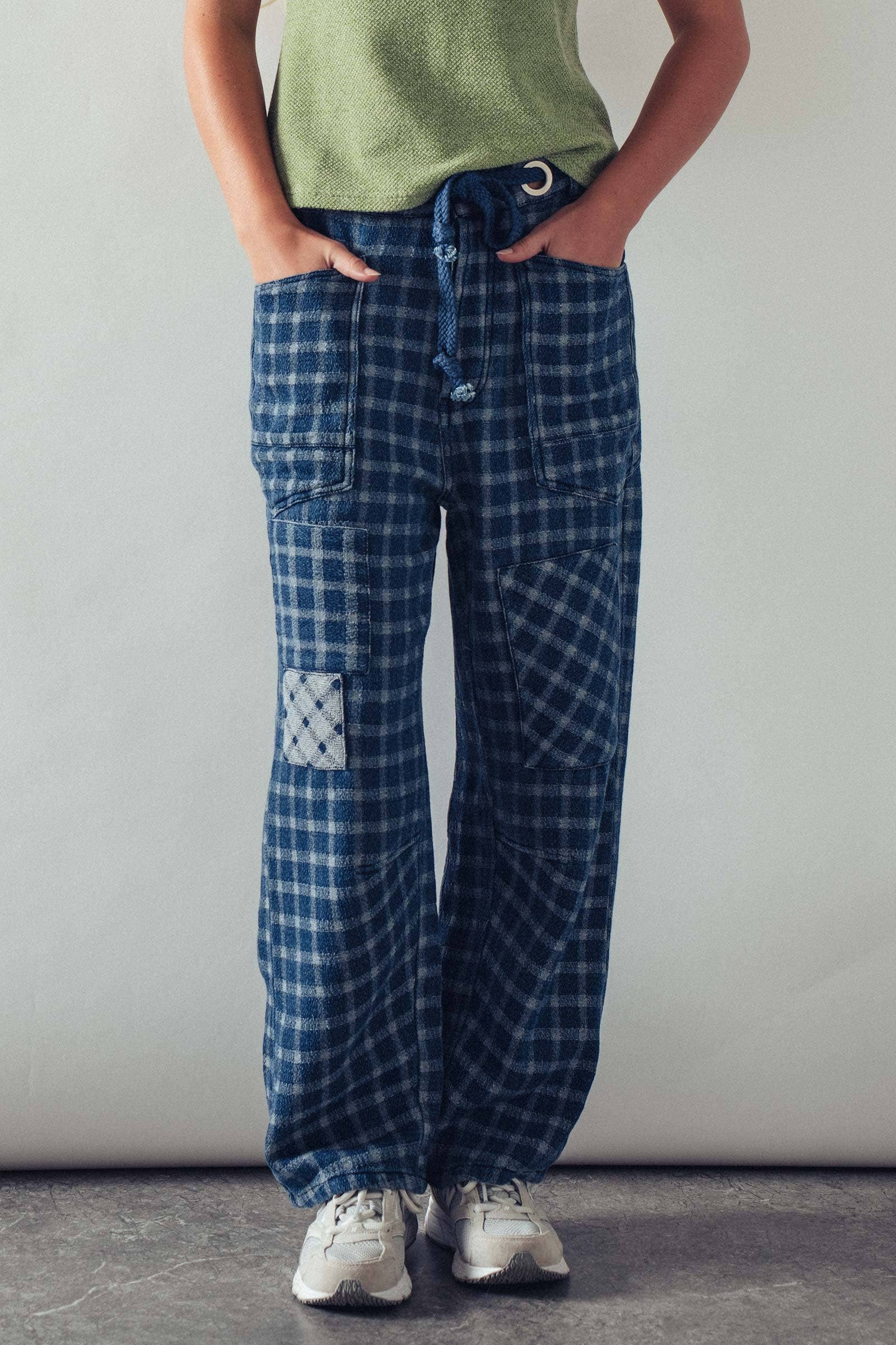 Checkered Vintage Wash Denim Pants