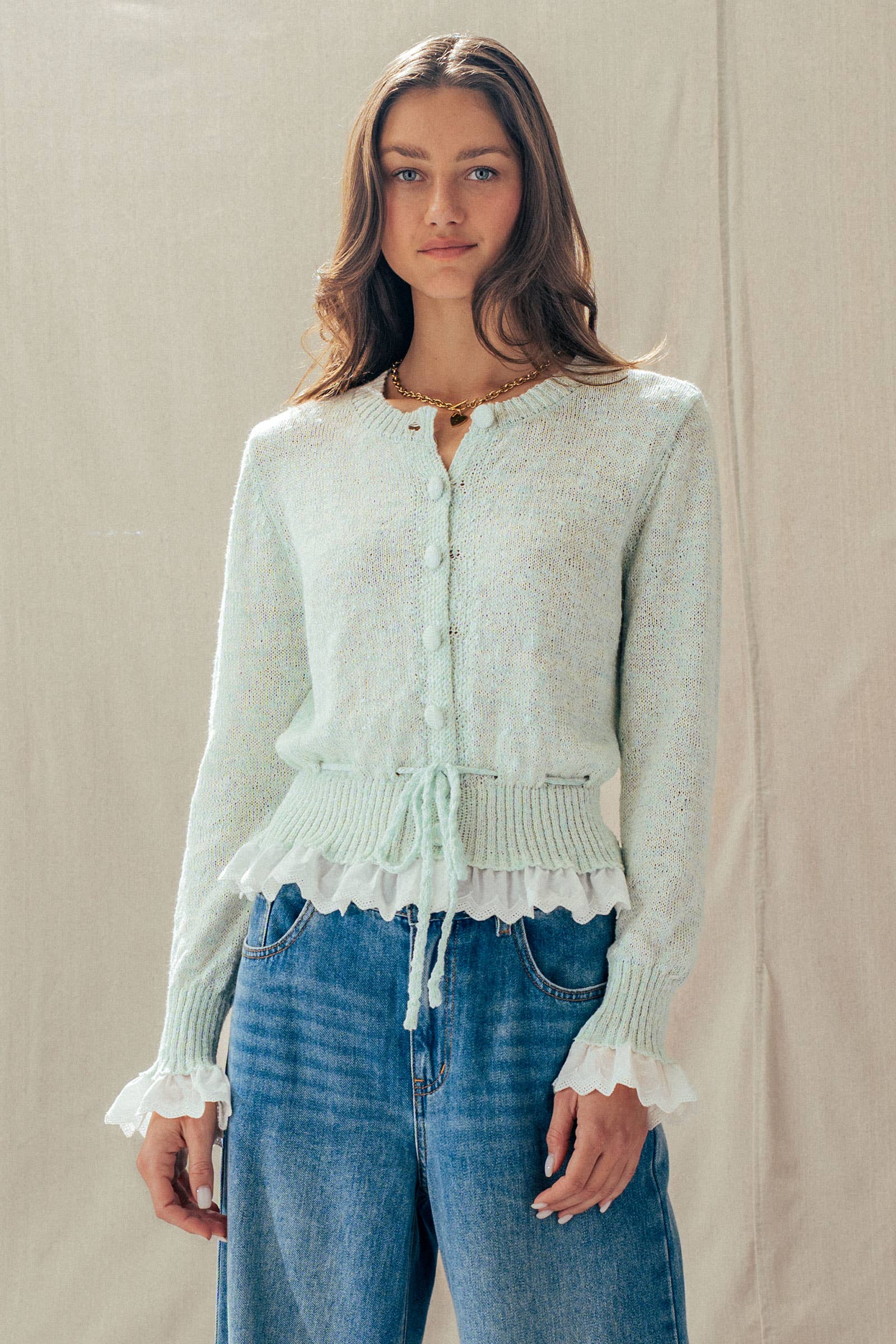 Eyelet Trim Peplum Drawstring Cardigan