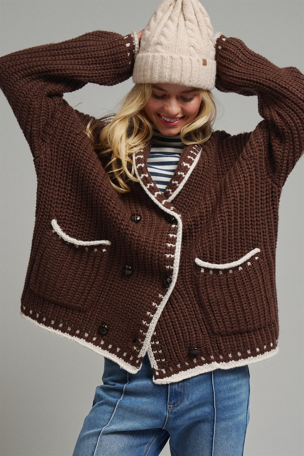 Chunky Knit Cardigan Sweater with Stitch Looks in BROWN - Women's Cardigans & Shrugs | Urban Daizy