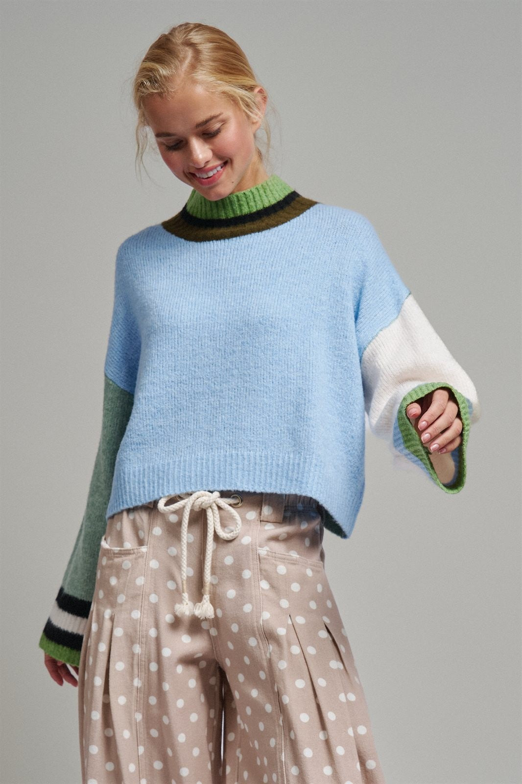 Paneled Hues Knit Sweater in BLUE SAGE - Women's Sweaters | Urban Daizy