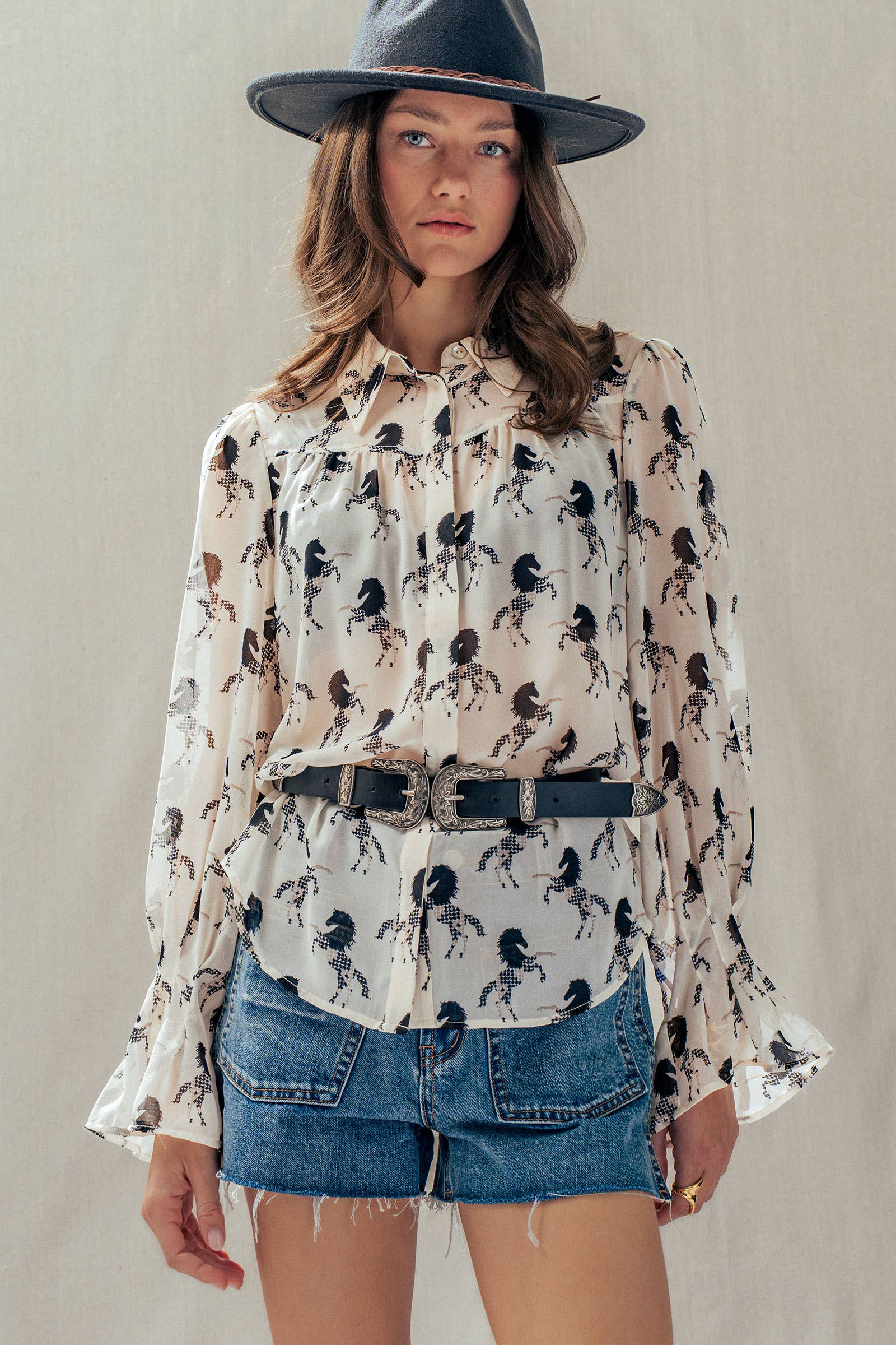 Western Horse Print Button Down Blouse Flared Cuff