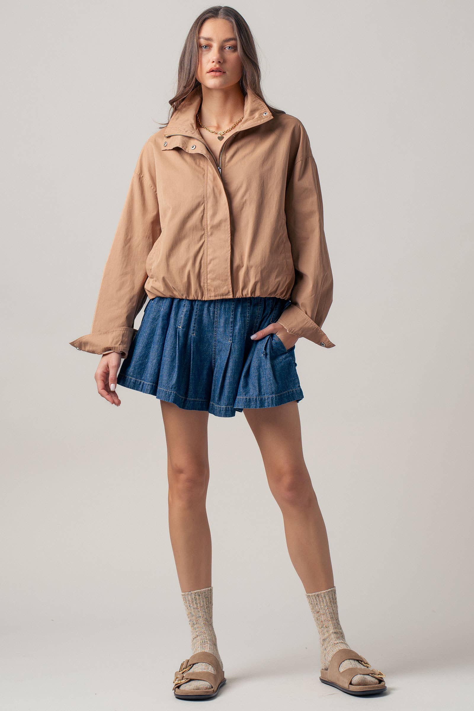 Modern Relaxed Stand Collar Camel Zip Jacket
