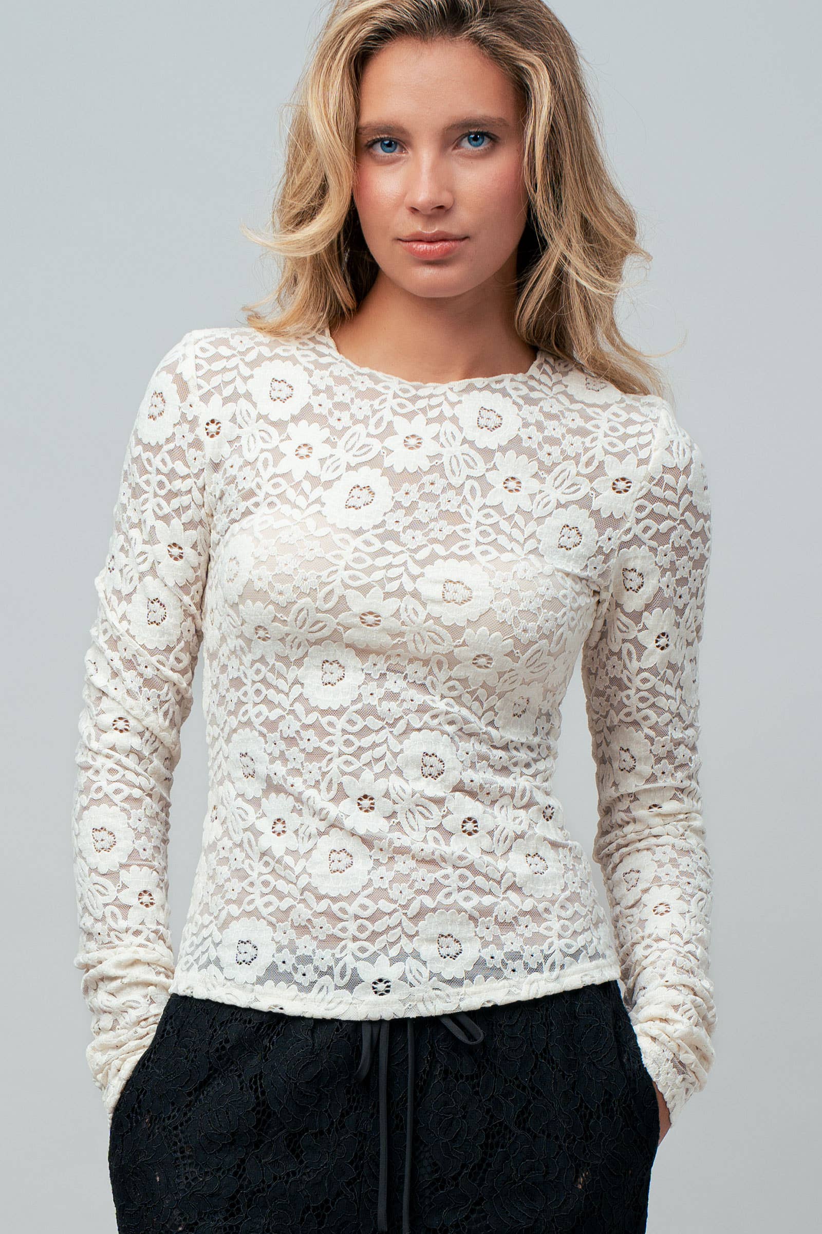 Sheer Floral Lace Long Sleeve Layering Top