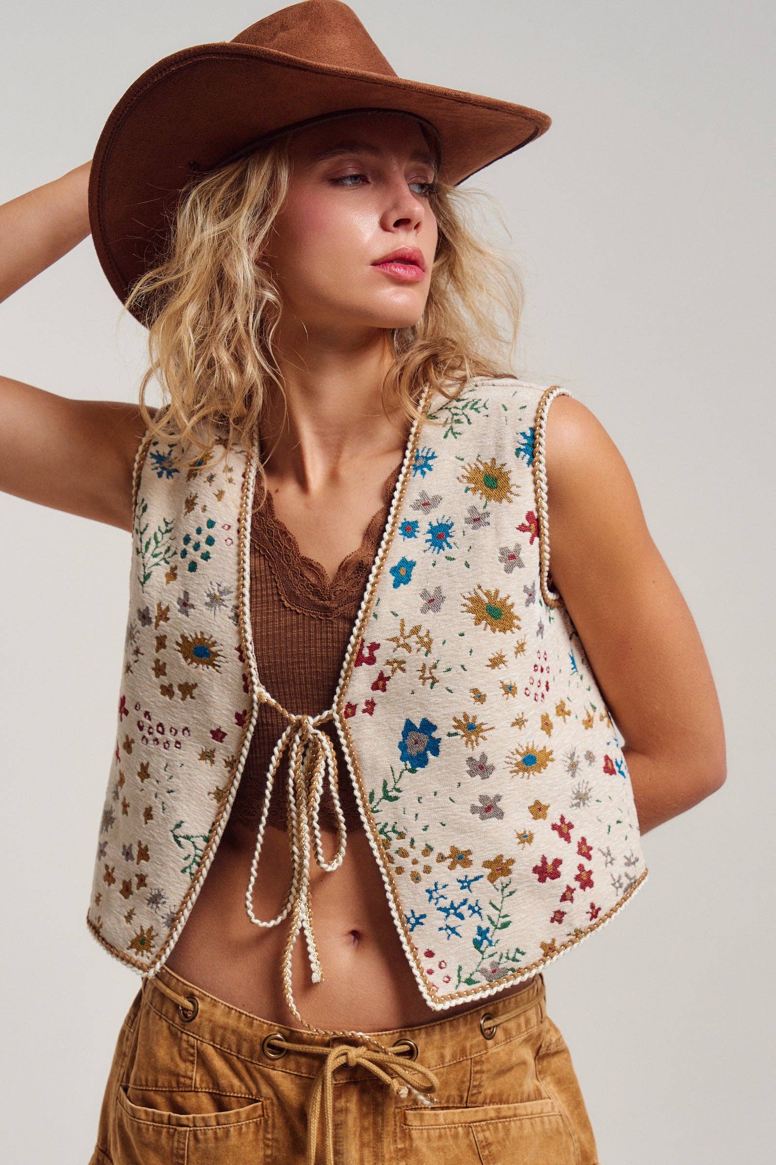 Urban Daizy Floral Tapestry Tie-Front Boho Vest Beige-Multi Outerwear Vest - Women's (UDOW0299-Beige-Multi) – alternate view 2