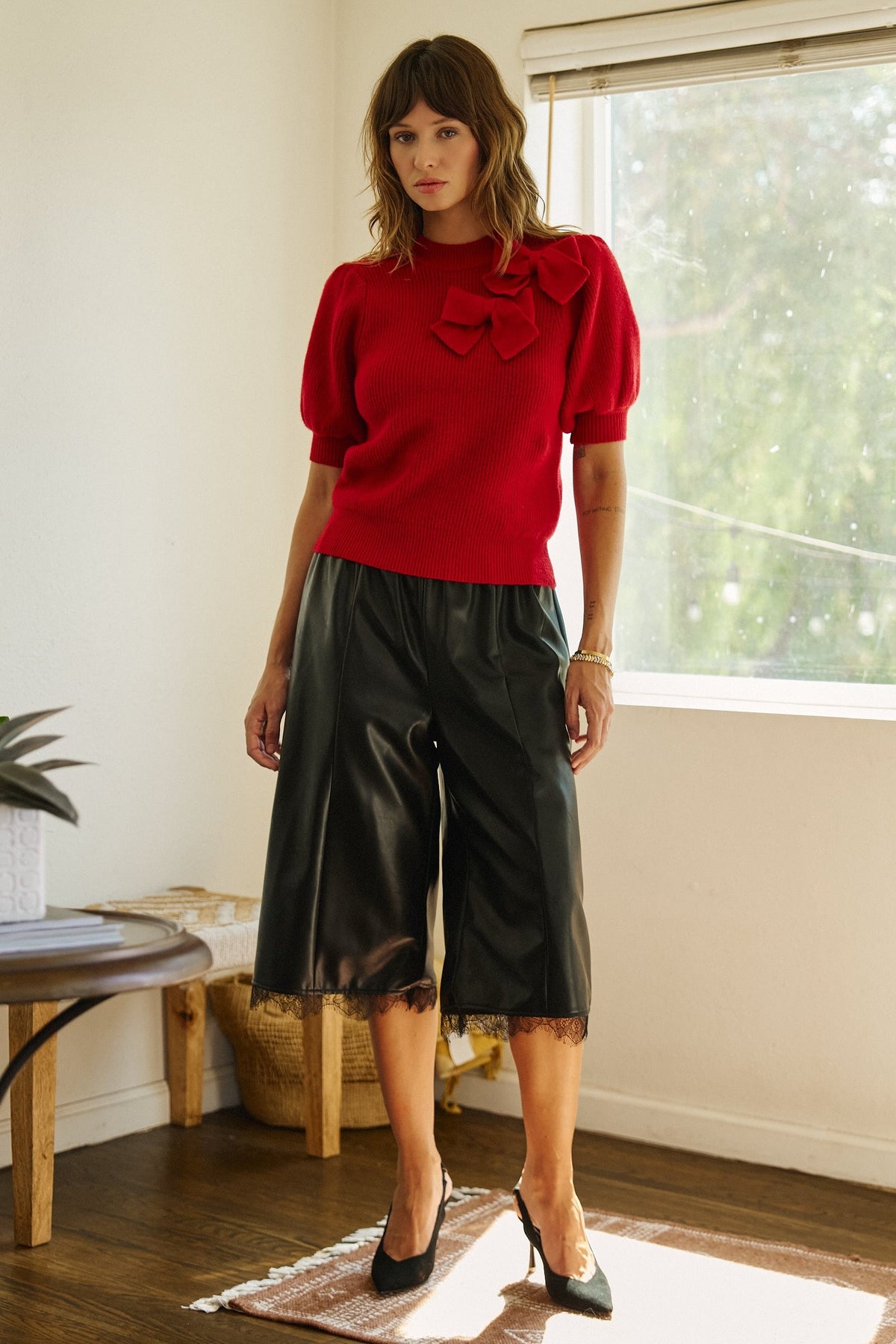 Bow Detail Puff Sleeve Ribbed Knit Sweater in RED - Women's Sweaters | Urban Daizy