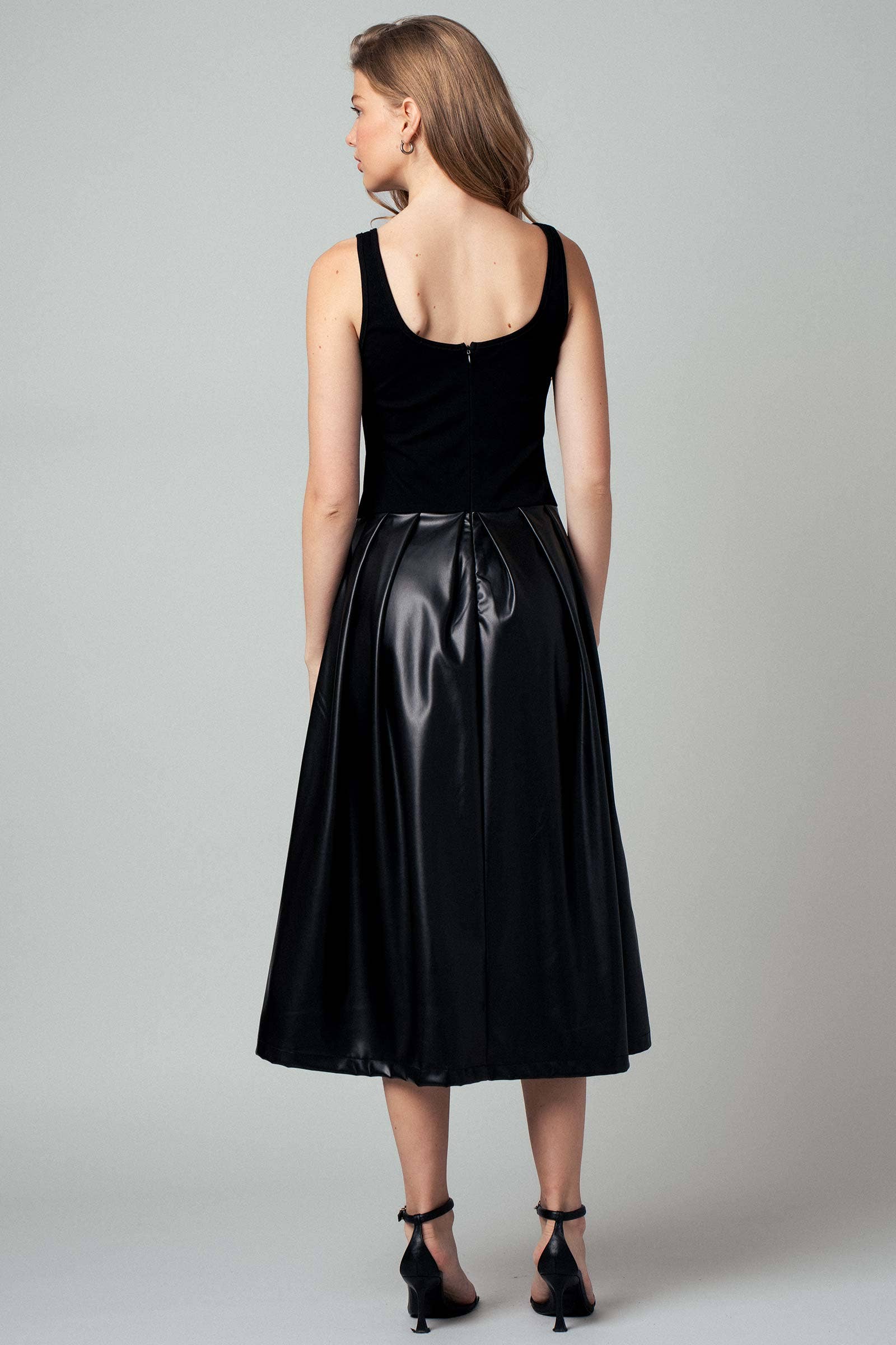 Faux Leather Contrast A-Line Midi Dress