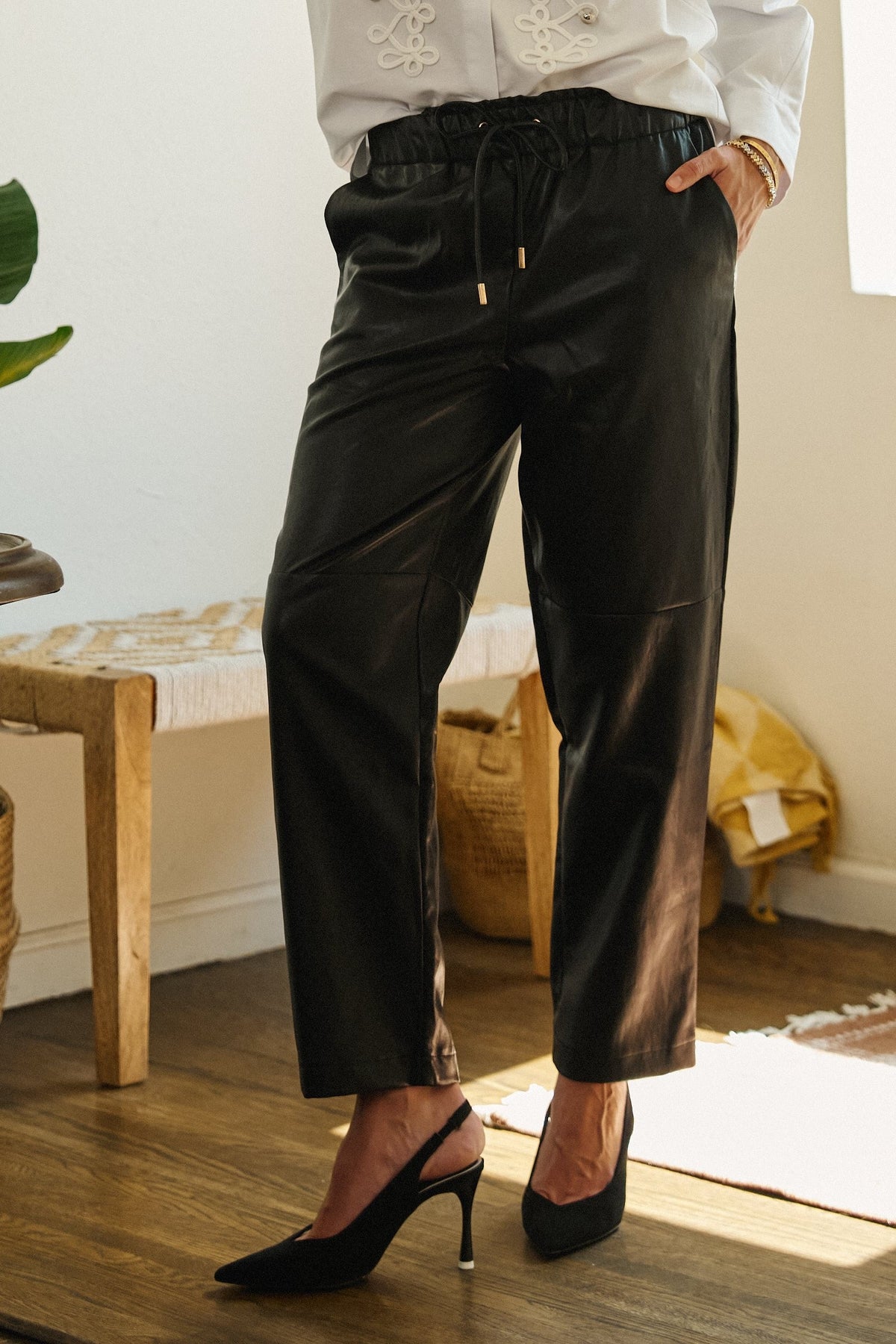 Faux Leather Drawstring Jogger Pants in BLACK - Women's Casual Pants | Urban Daizy