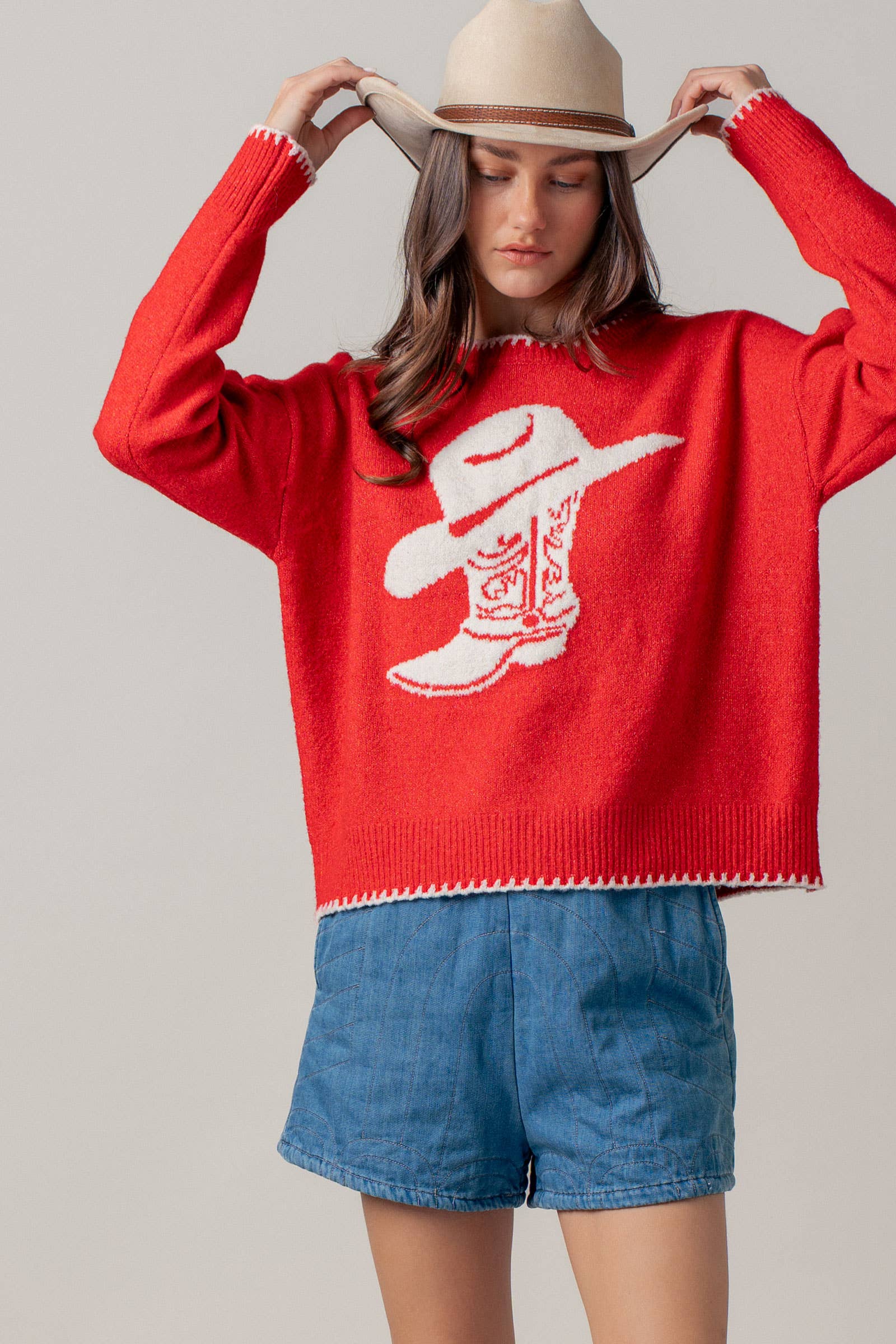 Urban Daizy Cowboy Boot Graphic Knit Sweater Red Knit Sweater - Women's (UDZ-KN-01040) – alternate view 9