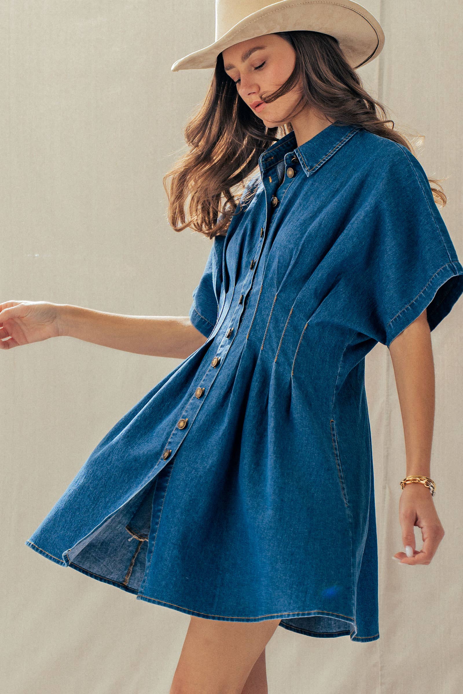 Tailored Waist Short Sleeve Denim Shirtdress