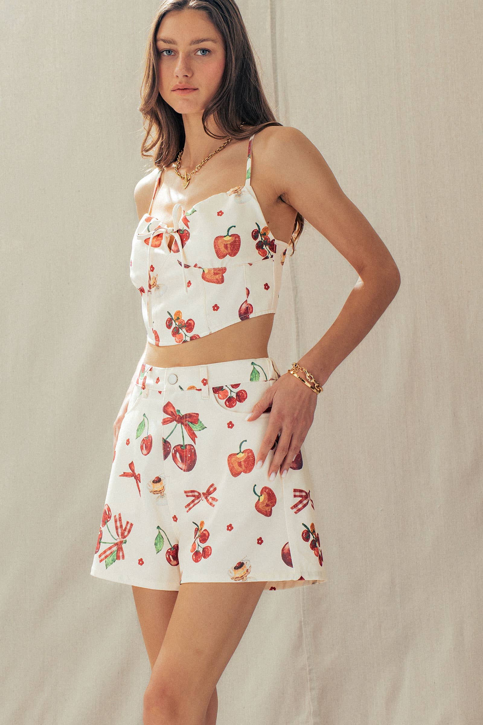Urban Daizy Cherry & Bow Print Cotton Two-Piece Set Ivory-Multi Top & Short Set (NOT Loungewear) - Women's (UDZ-AC-00237) – alternate view 11