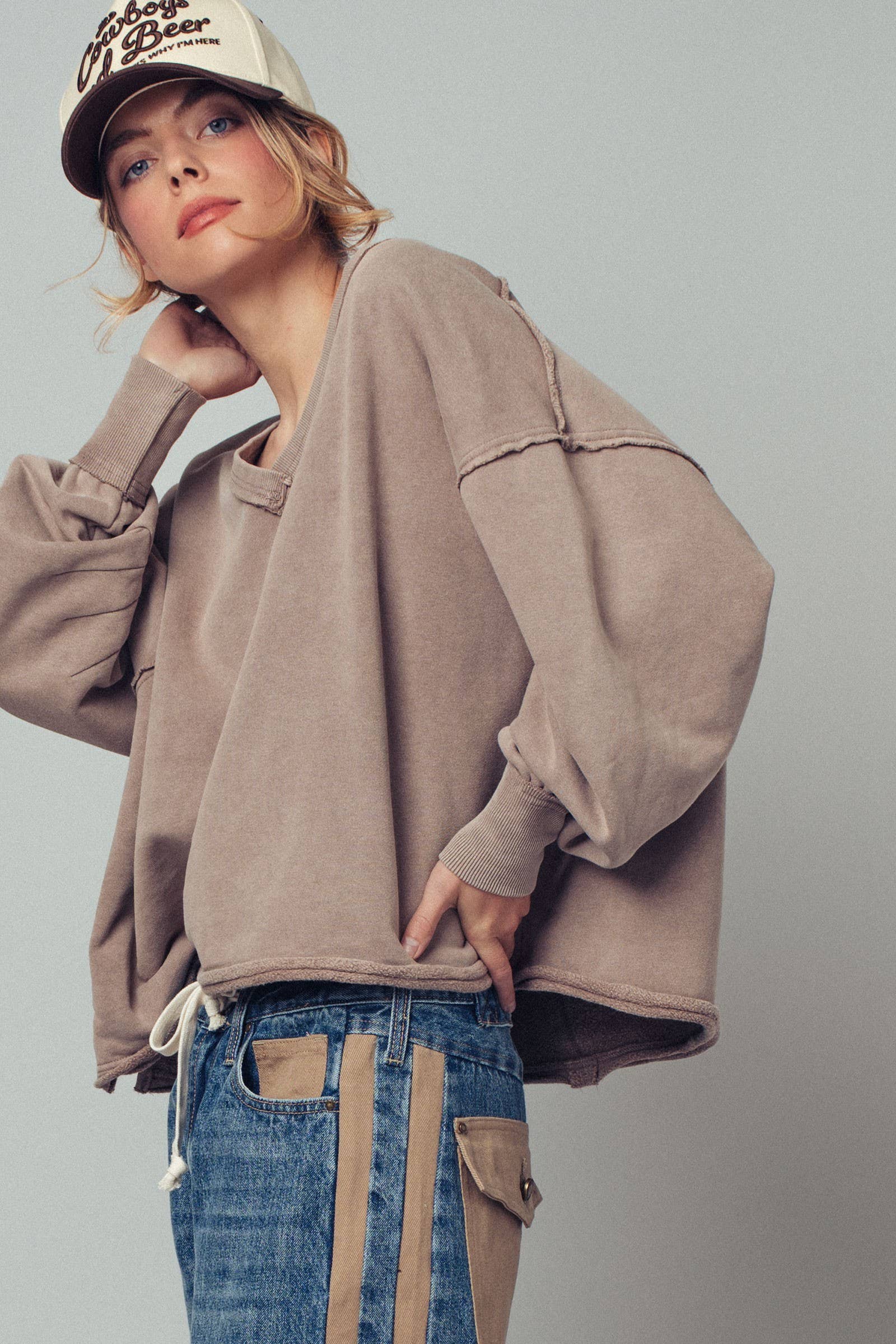 Raw Edge V-Neck Oversized Sweatshirt