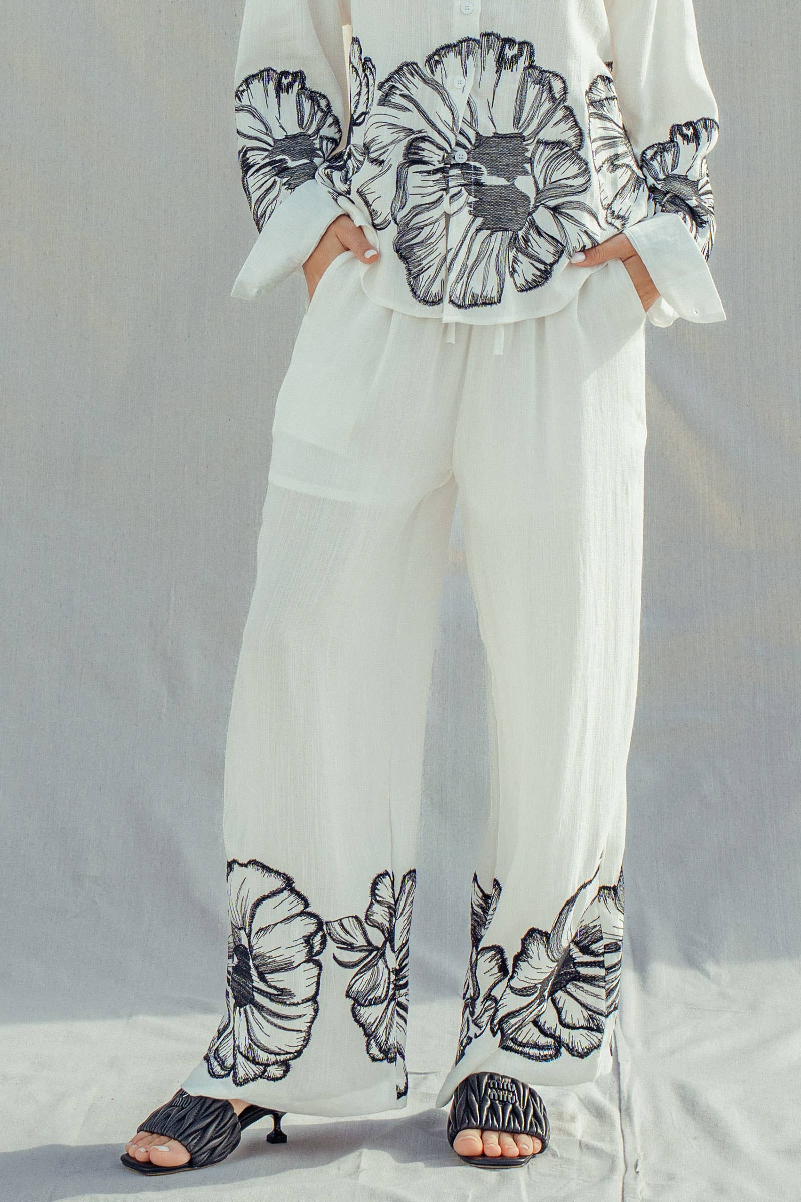 Floral Embroidered Wide Leg Drawstring Pants