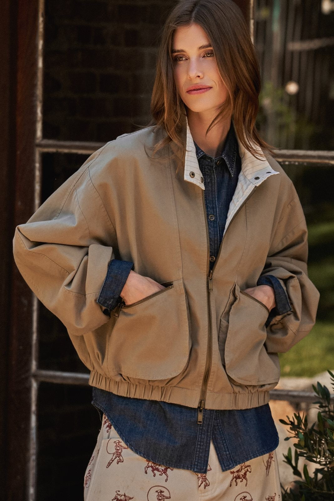 Cropped Zip Bomber Jacket in KHAKI - Women's Jackets & Blazers | Urban Daizy