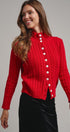 Cable Knit Mock Neck Button-Front Cardigan in RED - Women's Sweaters | Urban Daizy