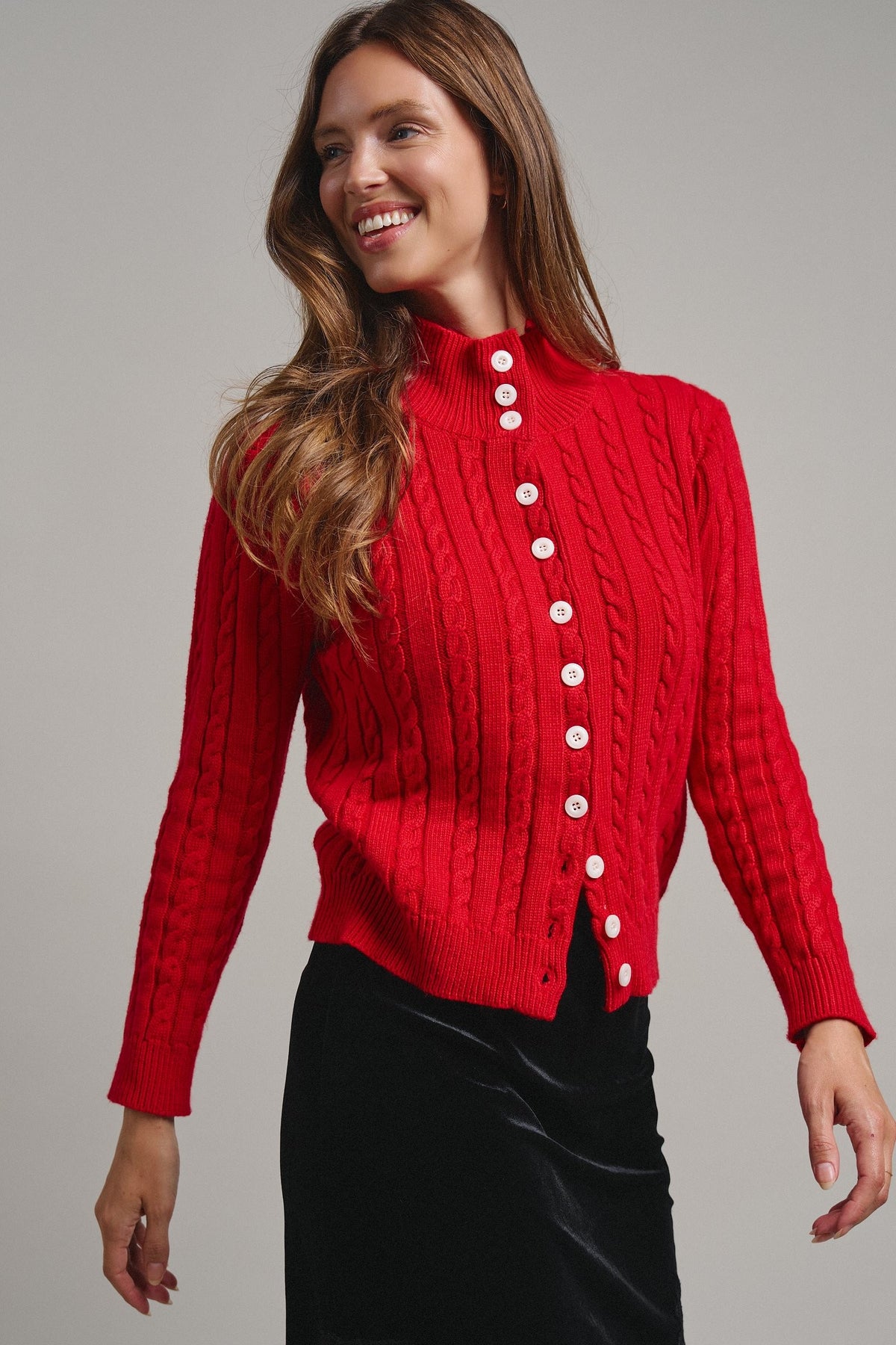 Cable Knit Mock Neck Button-Front Cardigan in RED - Women's Sweaters | Urban Daizy