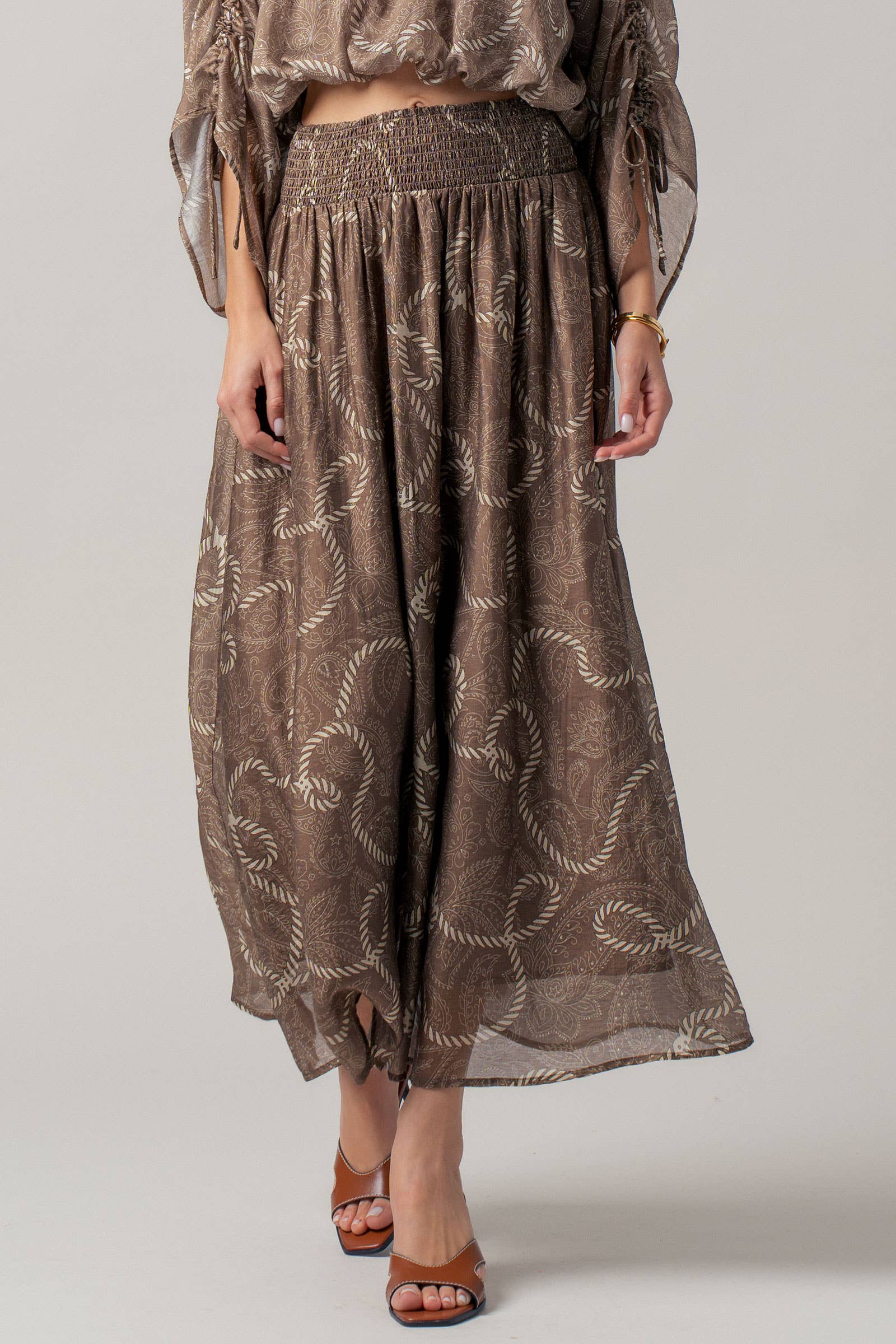 Rope Print Smocked Waist Maxi Skirt Linen Silk