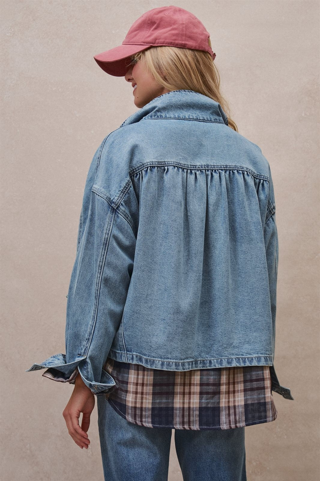 Vintage Washed Drawstring Denim Jacket with Stand Collar in DENIM - Women's Denim Jackets | Urban Daizy