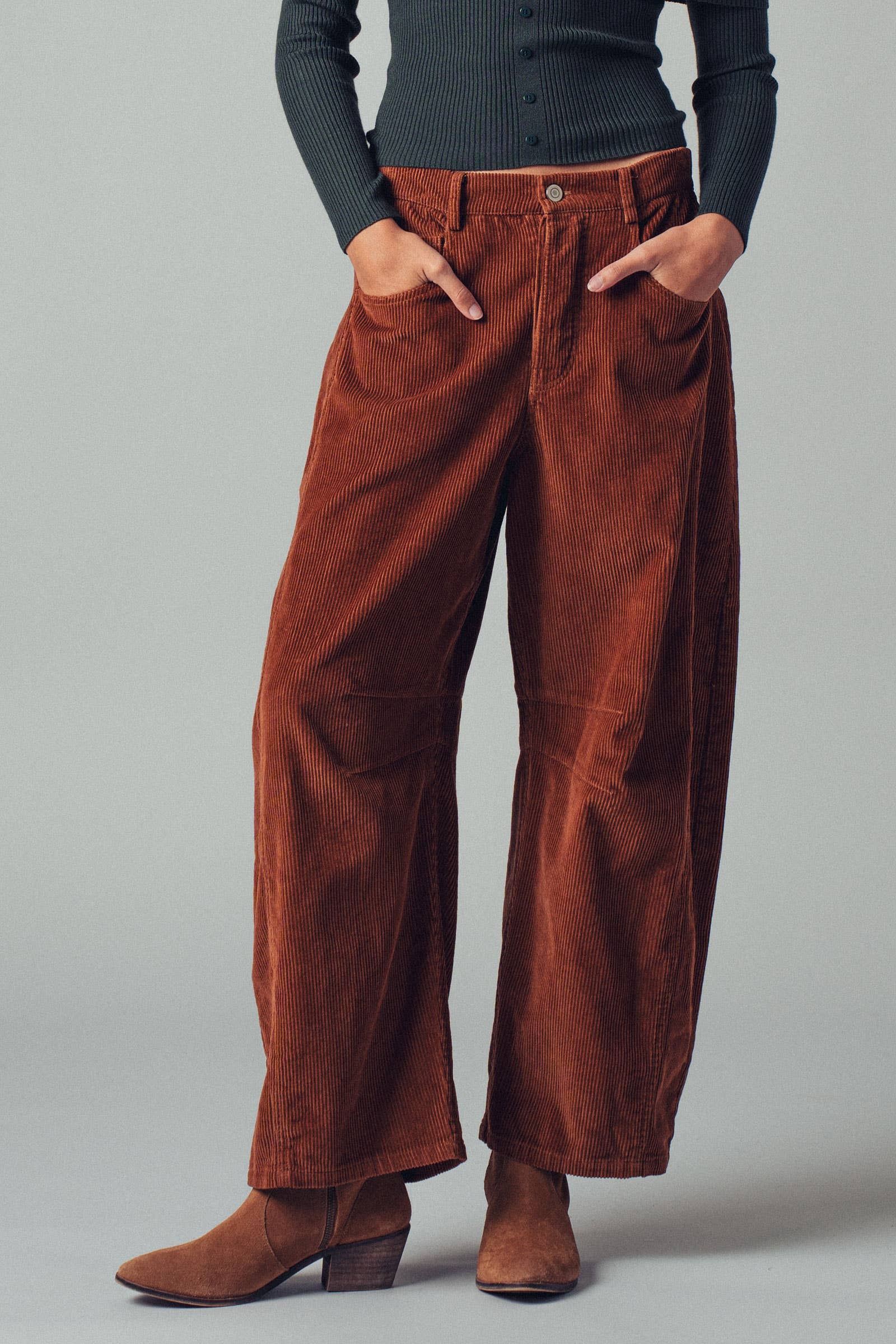 Urban Daizy Inseam Stitch Detail Corduroy Barrel Jeans Brown Pants - Women's (UDZ-PT-00313)