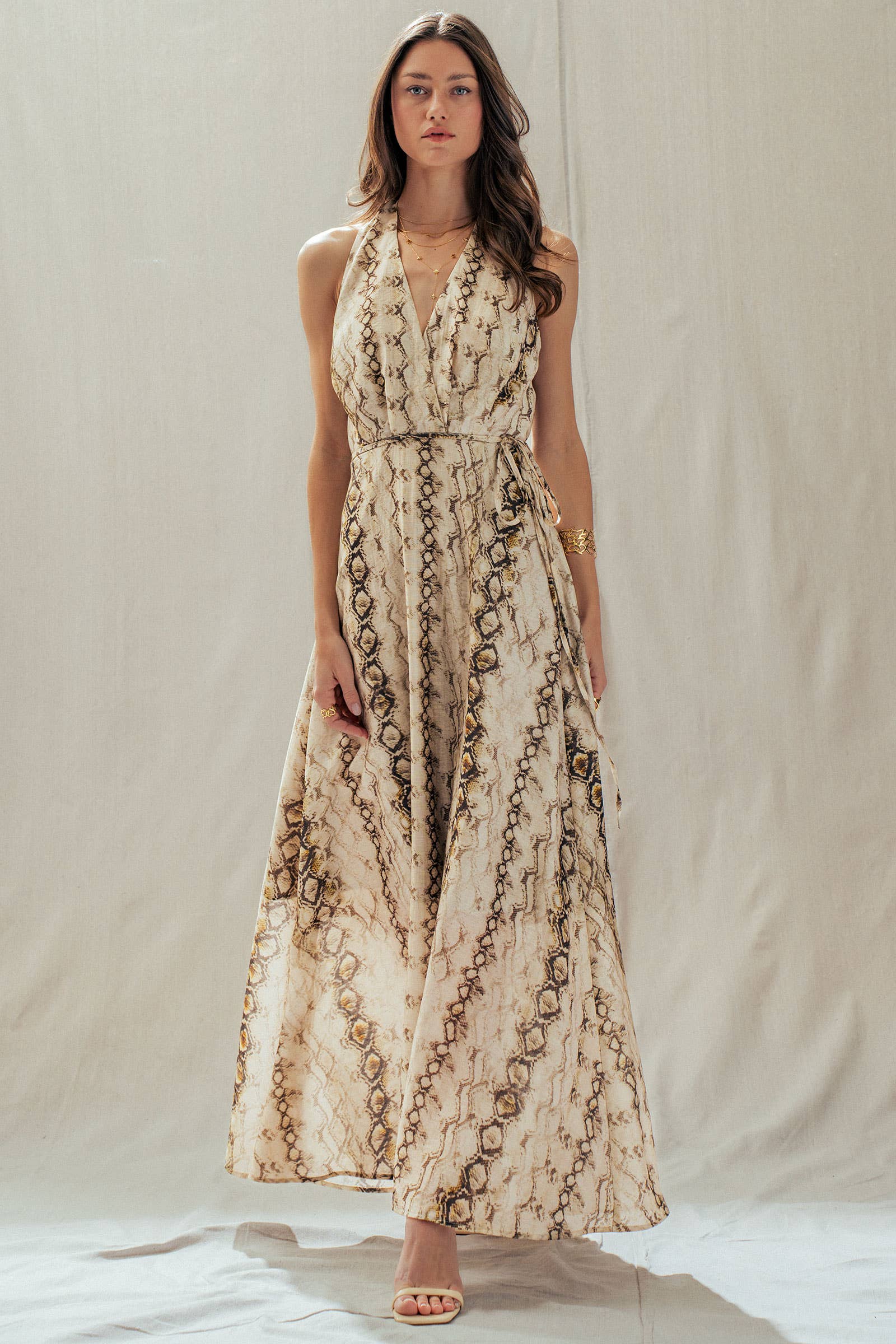 Snake Print Tencel Linen Halter Maxi Dress