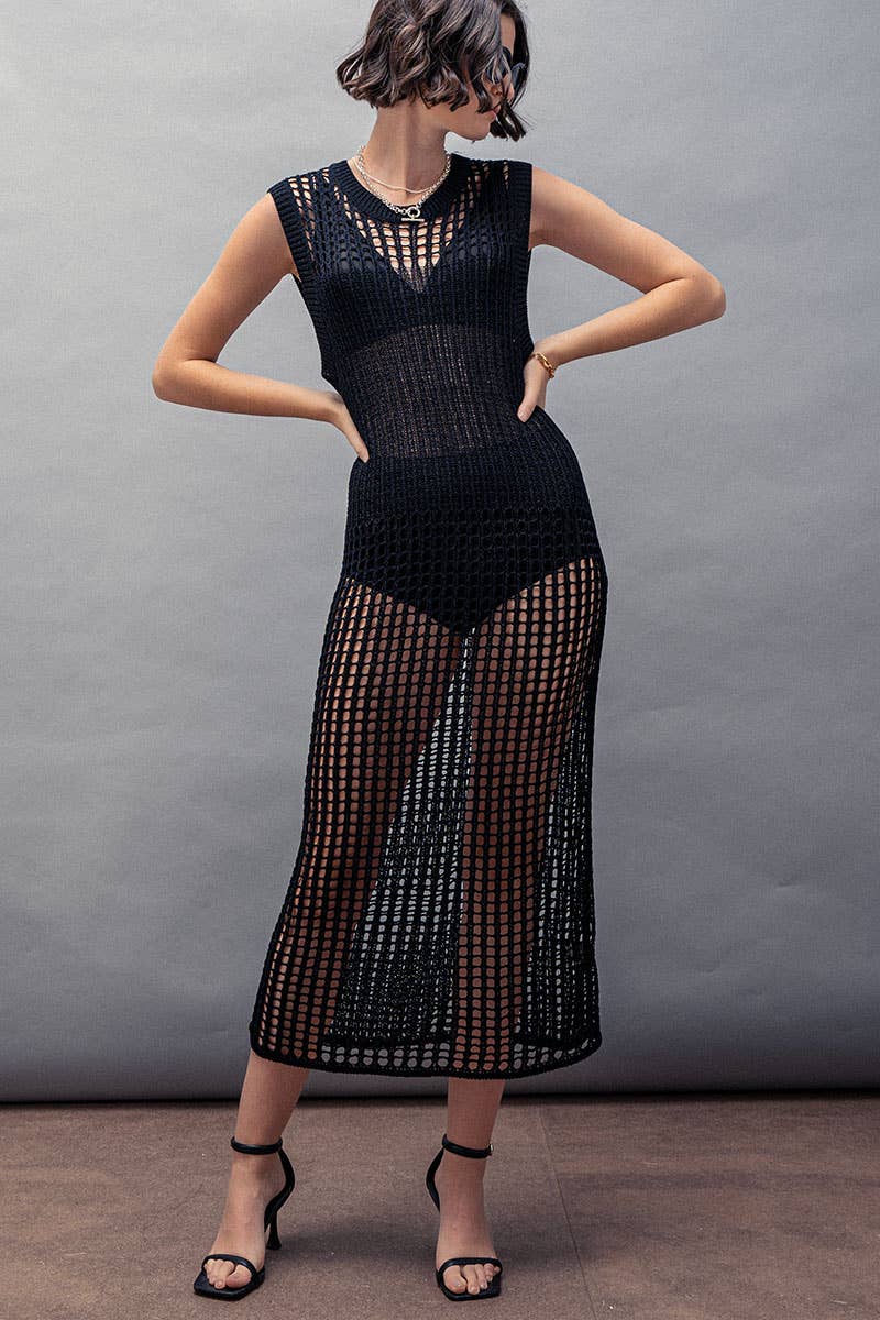 Crochet Knit Hollow Out Cap Sleeve Maxi Dress