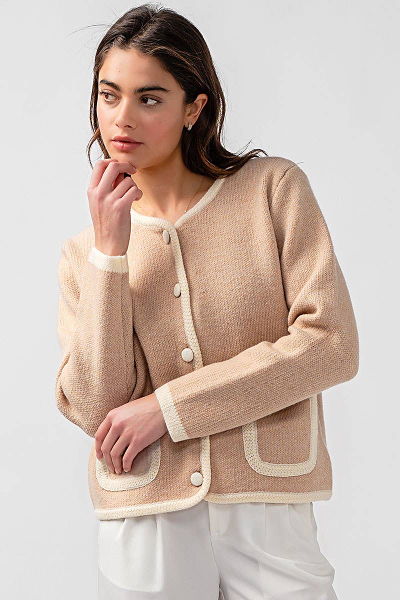 Urban Daizy Classic Contrast Trim Patch Pocket Cardigan Ivory Cardigan - Women's (UDZ-KN-00363) – alternate view 6