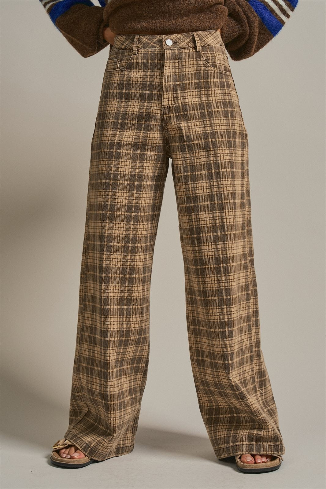 Checker Plaid Wide Leg Pants Y2K Vintage Western for Women in BROWN - Women's Casual Pants | Urban Daizy