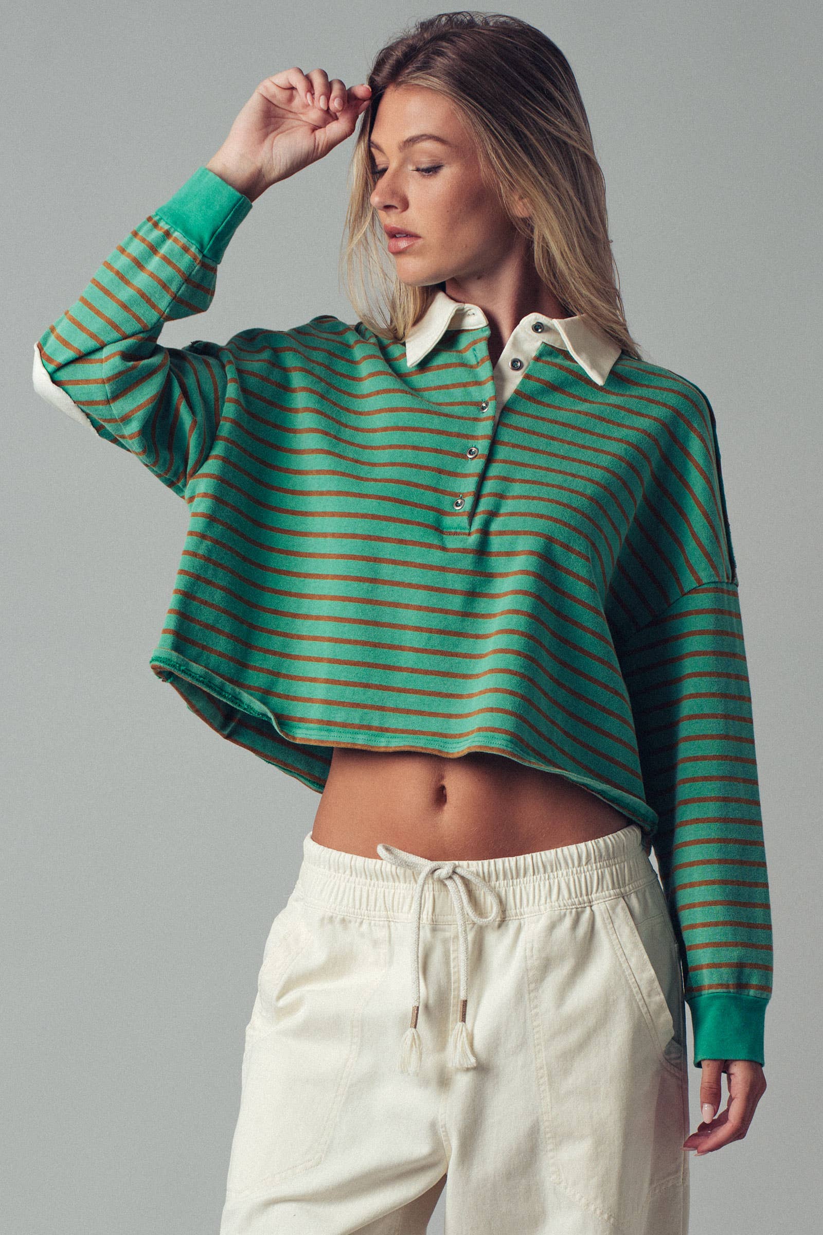 Urban Daizy Playful Cropped Stripe Cotton Top Black-White Polo - Women's (UDZ-PT-00355) – alternate view 9