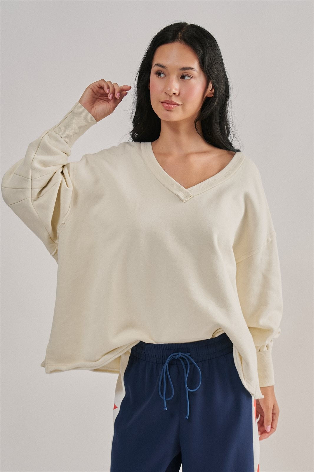 Relaxed Vintage V-Neck Oversized Sweatshirt in CHALK - Women's Sweatshirts & Hoodies | Urban Daizy
