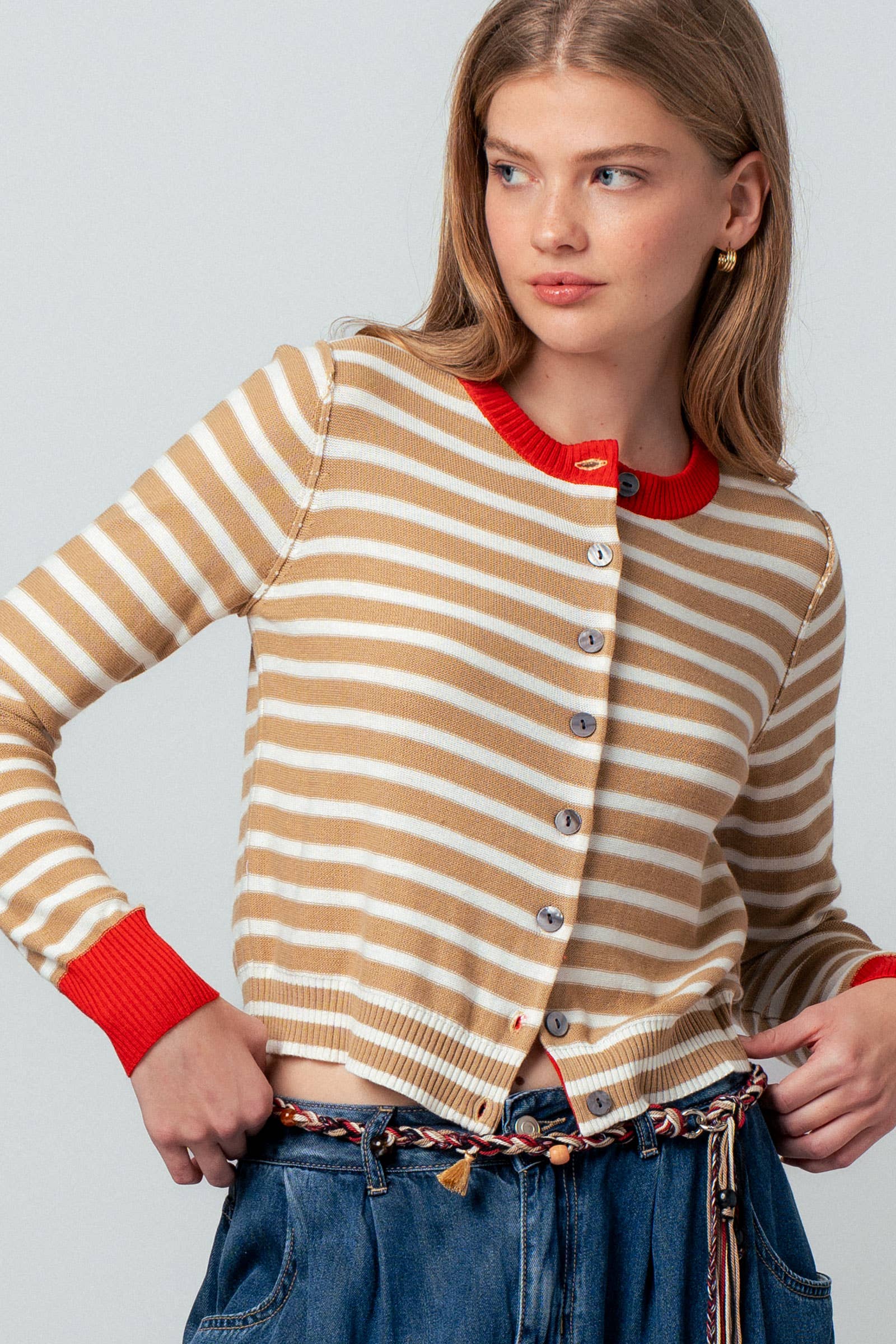 Striped Knit Cropped Button-Up Cardigan