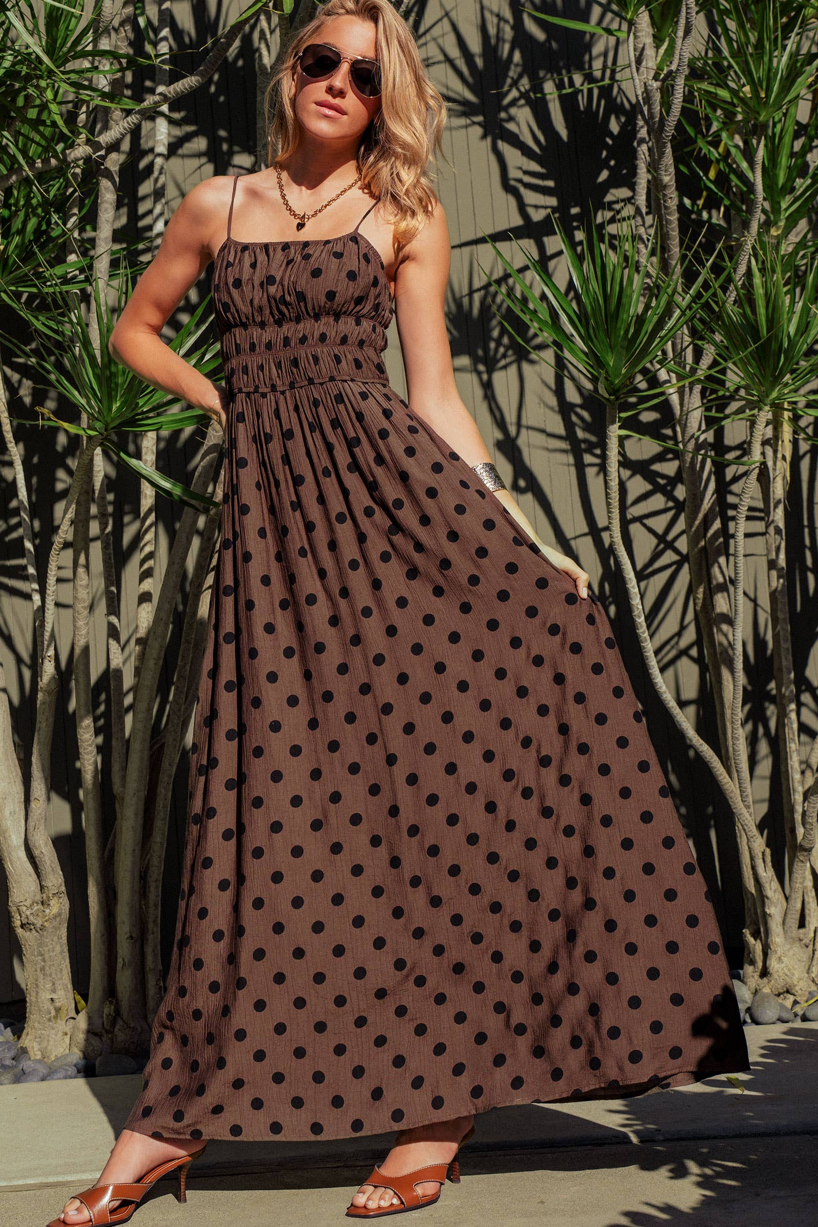 Urban Daizy Polka Dot Smocked Maxi Dress Linen Blend Brown/Black Dress - Women's (UDZ-DR-00515) – alternate view 11