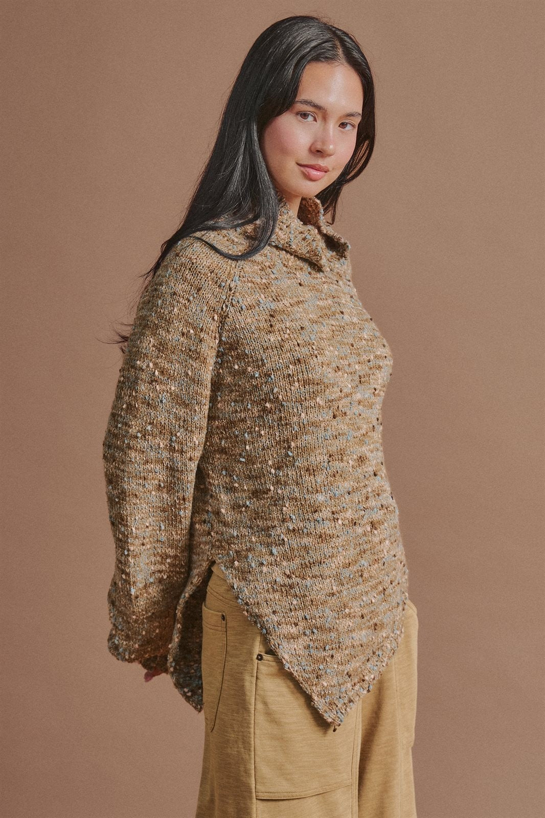 Chunky Knit Mock Neck Oversized Poncho Sweater in BROWN - Women's Sweaters | Urban Daizy