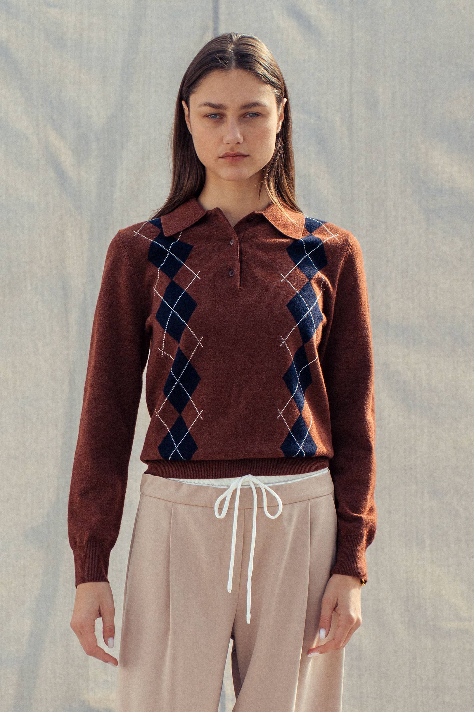 Classic Argyle Knit Polo Sweater