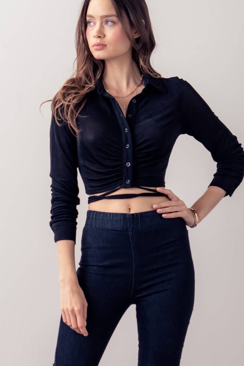 Velour Ruched Button Front Crop Top