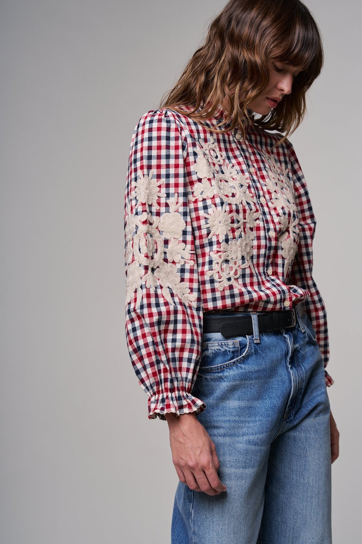 Floral Embroidered Gingham Blouse in Romantic Prairie Style in RED/NAVY - Women's Graphic T-shirts | Urban Daizy