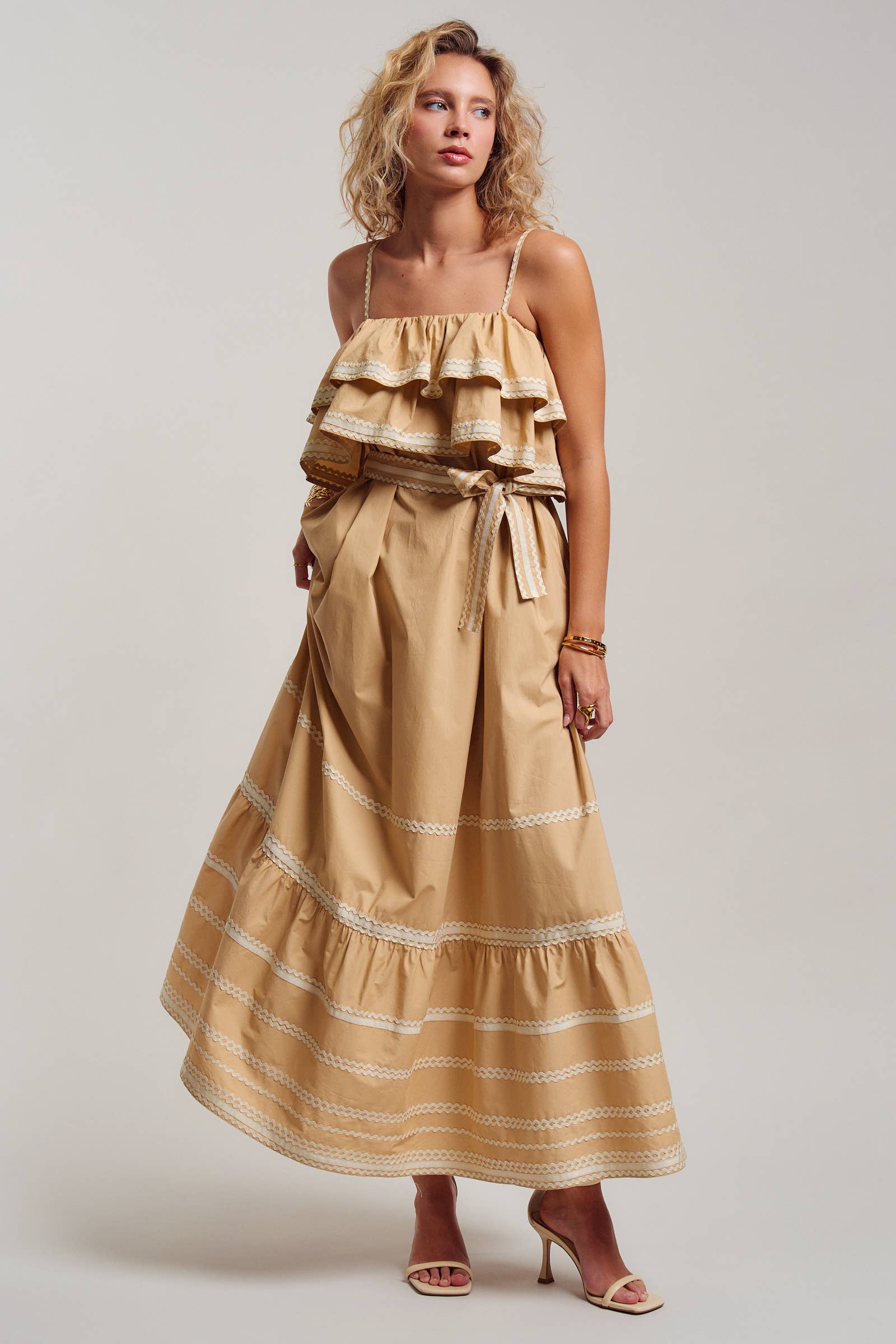 Rickrack Trim Tiered Ruffle Cotton Maxi Dress
